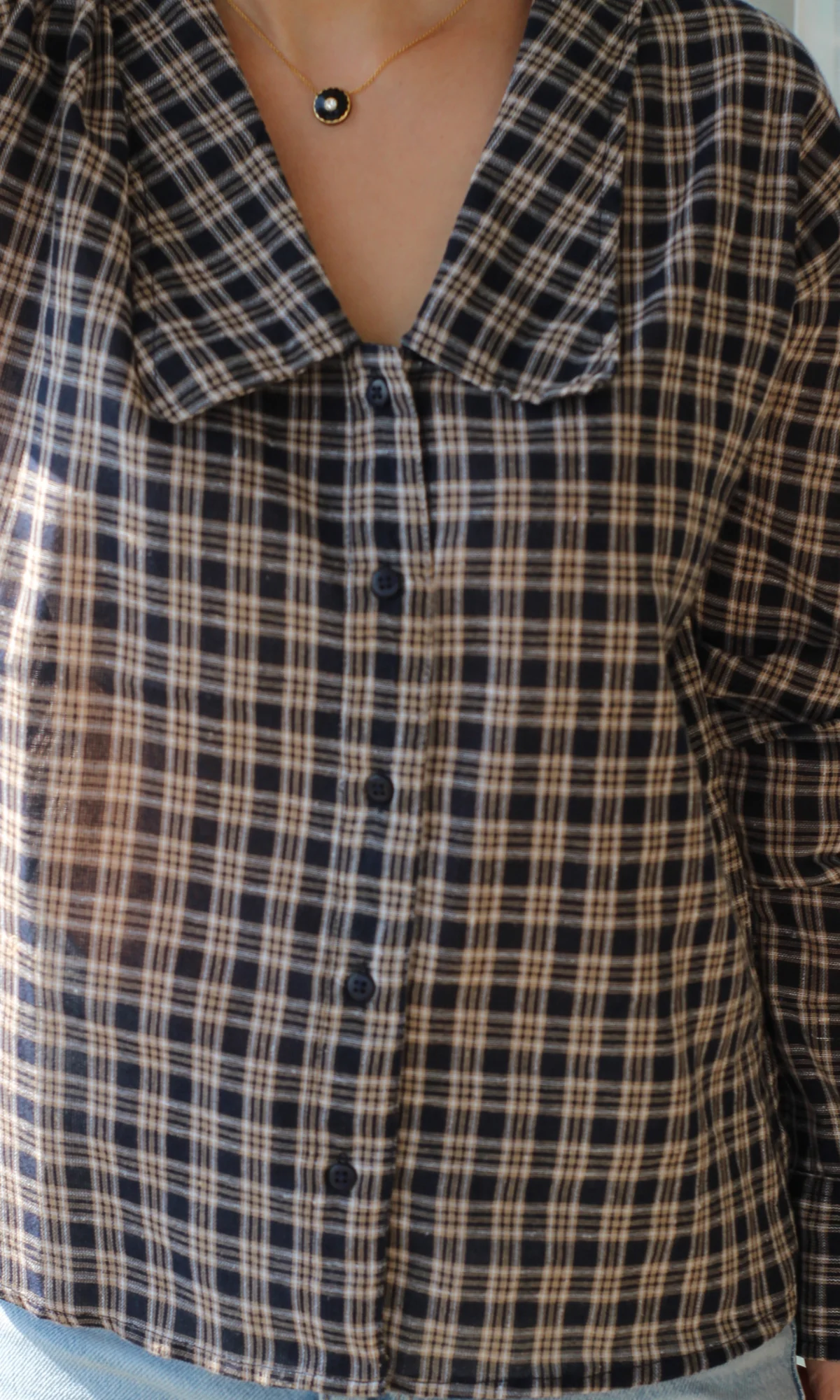 Navy Gingham-Check Peter Pan Collared Shirt - Image 5