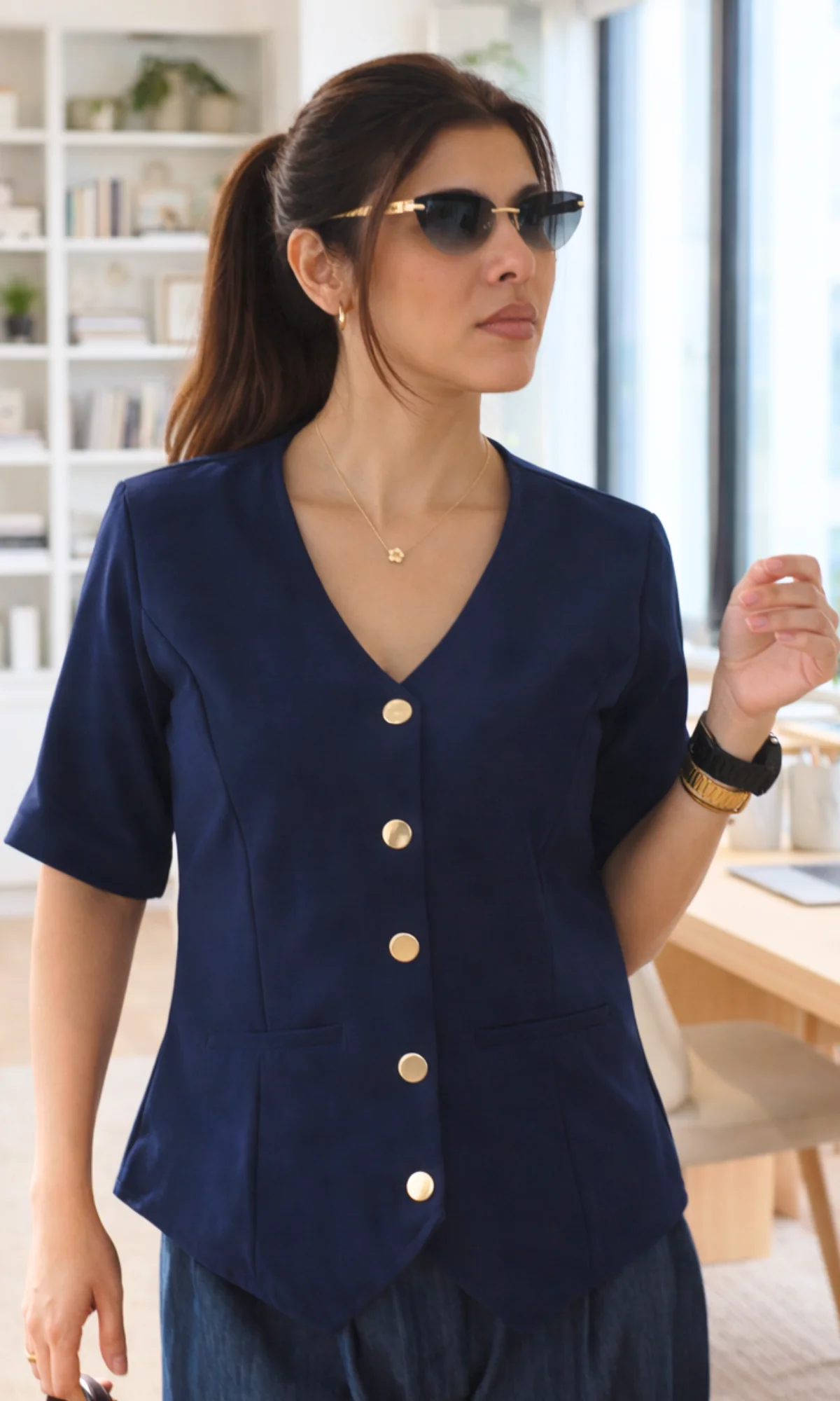 Deep Blue Sleeved Metallic Buttoned Waist Coat