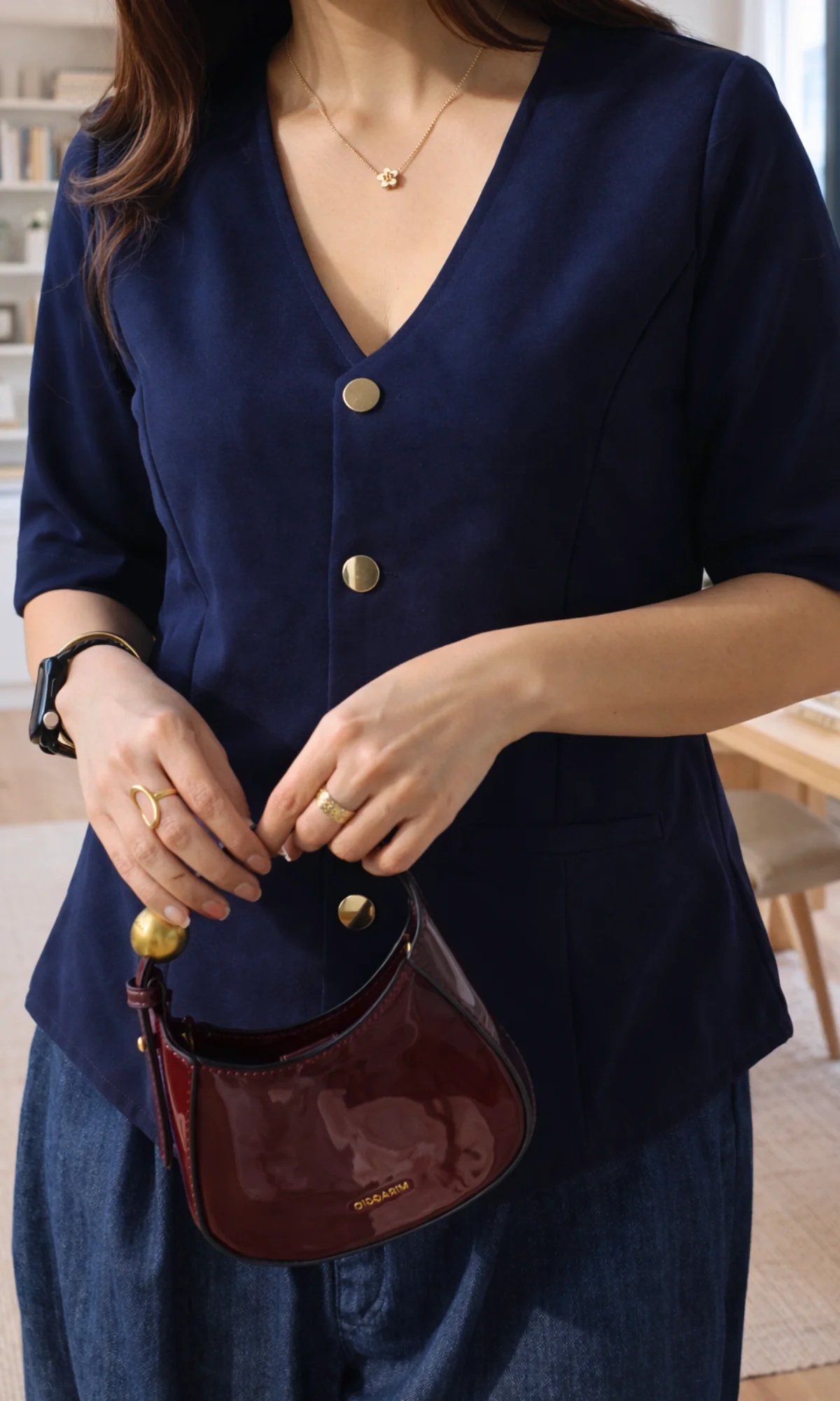 Deep Blue Sleeved Metallic Buttoned Waist Coat - Image 2