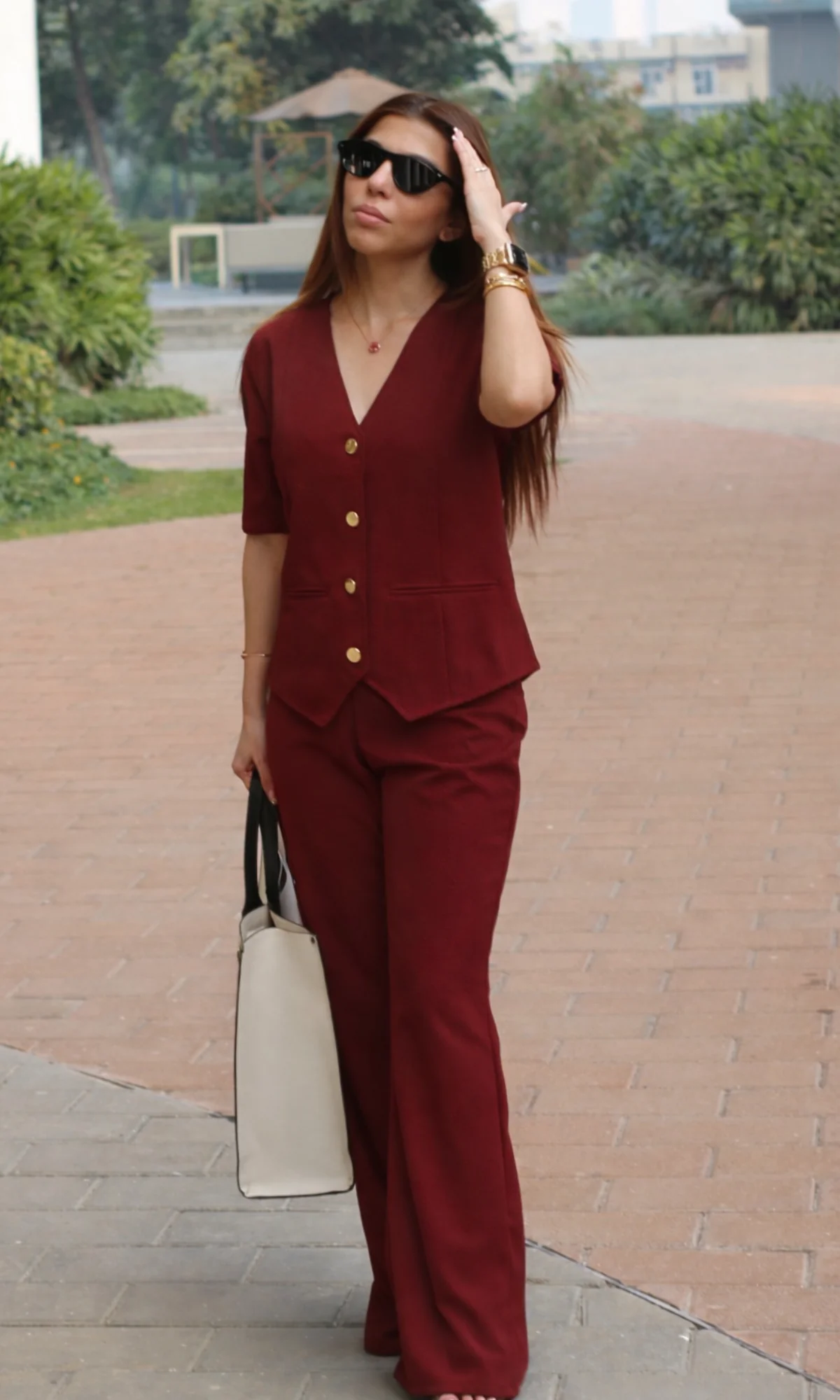 Maroon Sleeved Waist Coat and Flared Pants Co-ord - Image 2