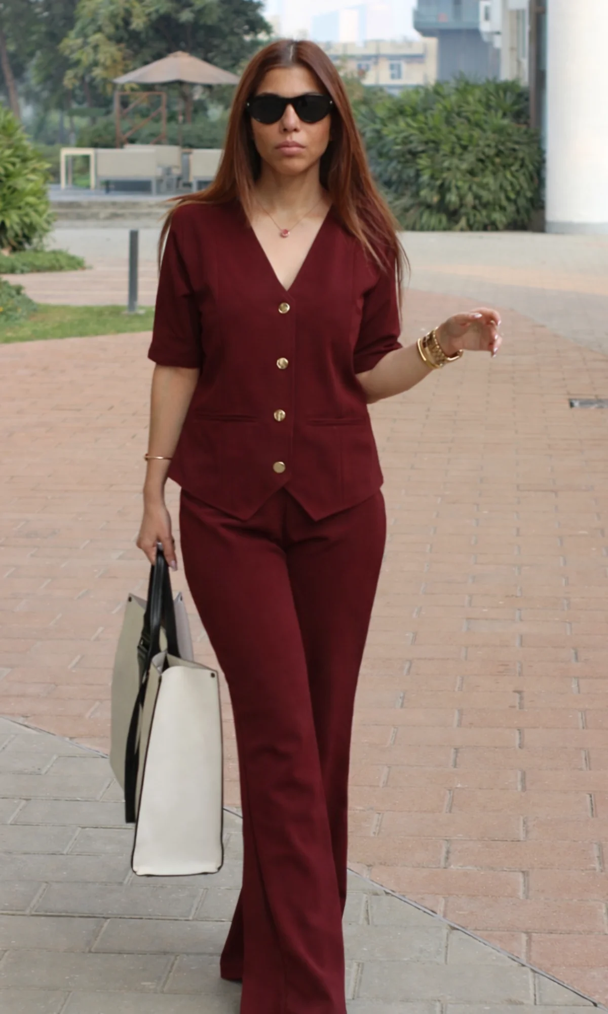 Maroon Sleeved Waist Coat and Flared Pants Co-ord - Image 4