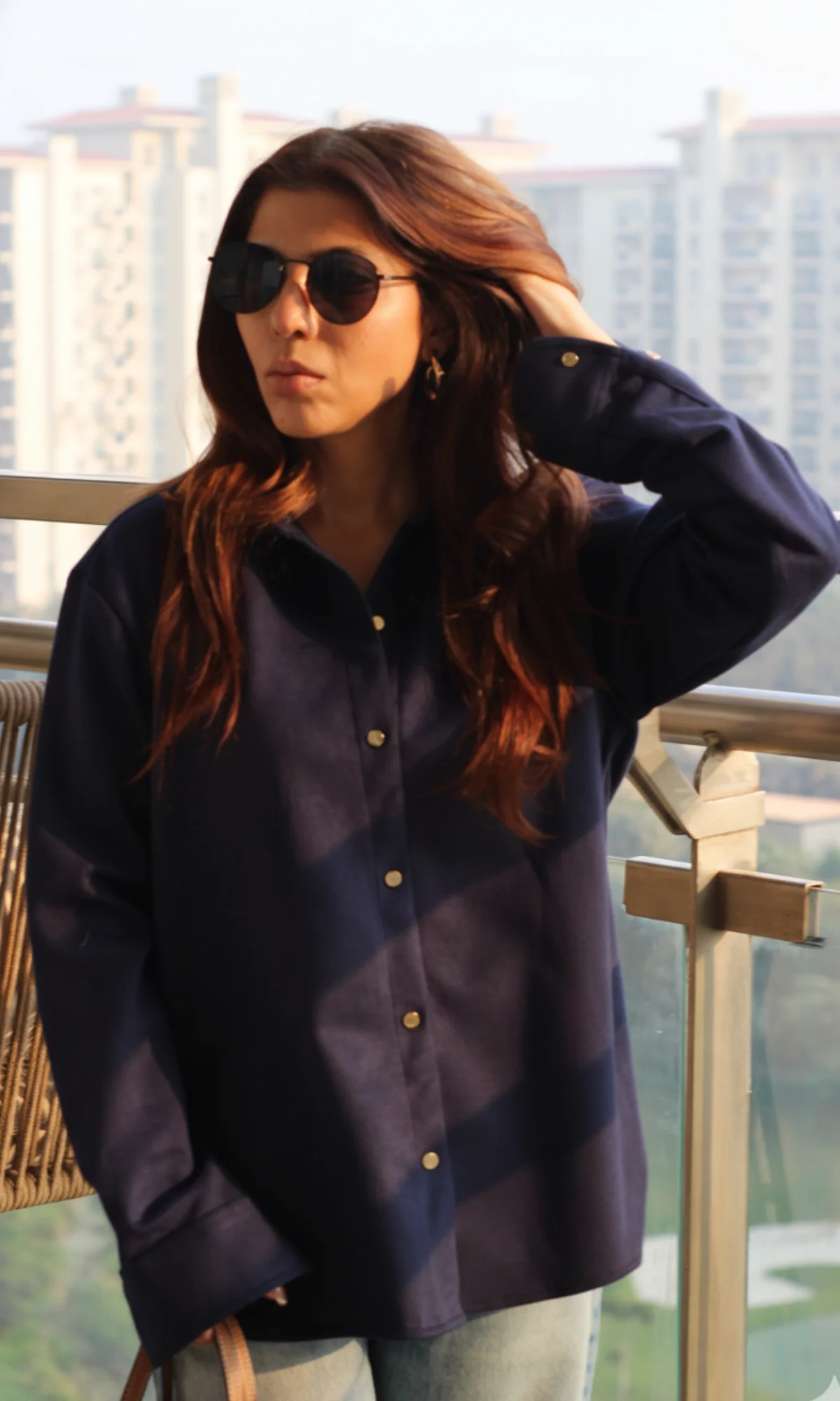 Navy Suede Metallic Buttoned Shirt - Image 3