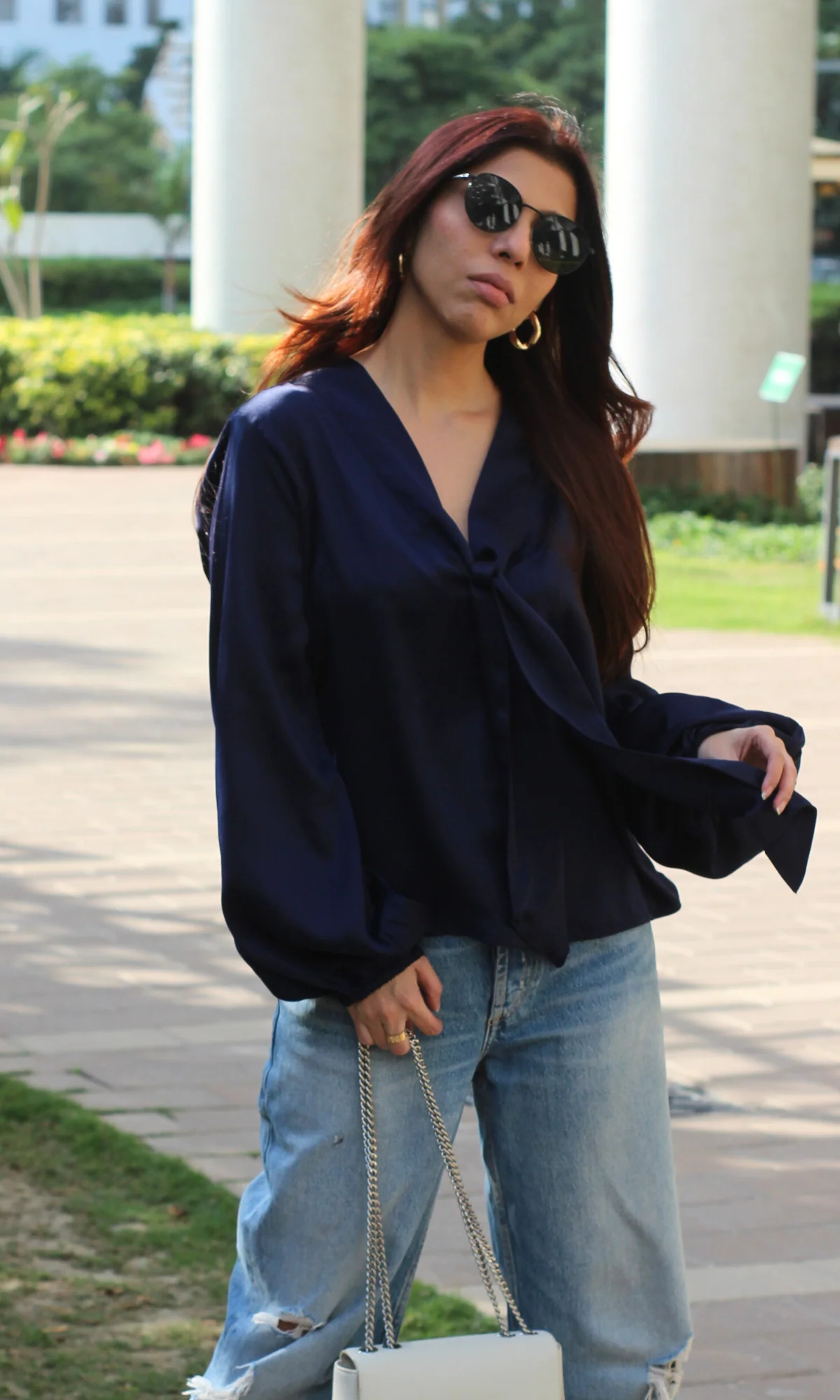 Navy Tie Detail Balloon Sleeved Top - Image 6