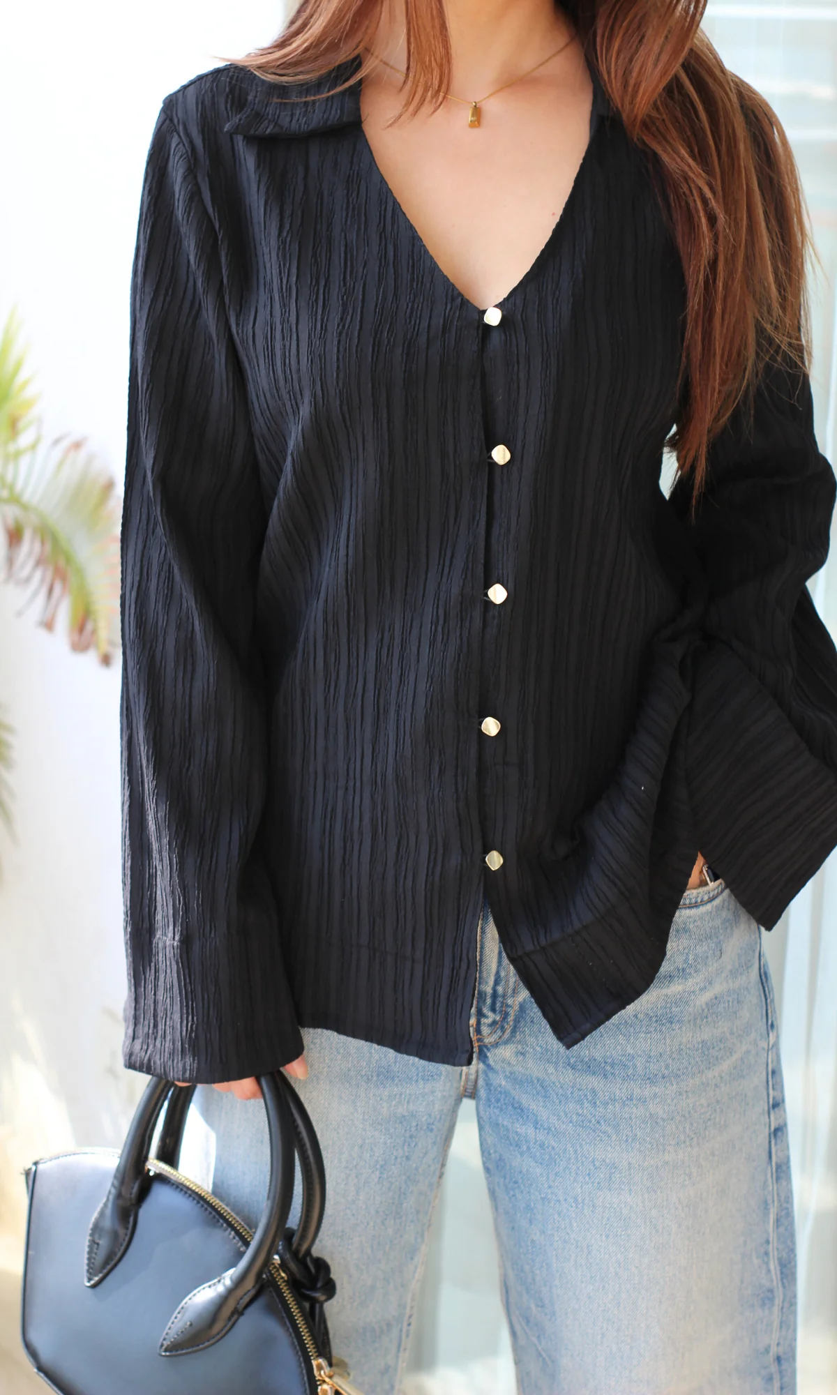 Noir Crinkled Flared Sleeve Shirt
