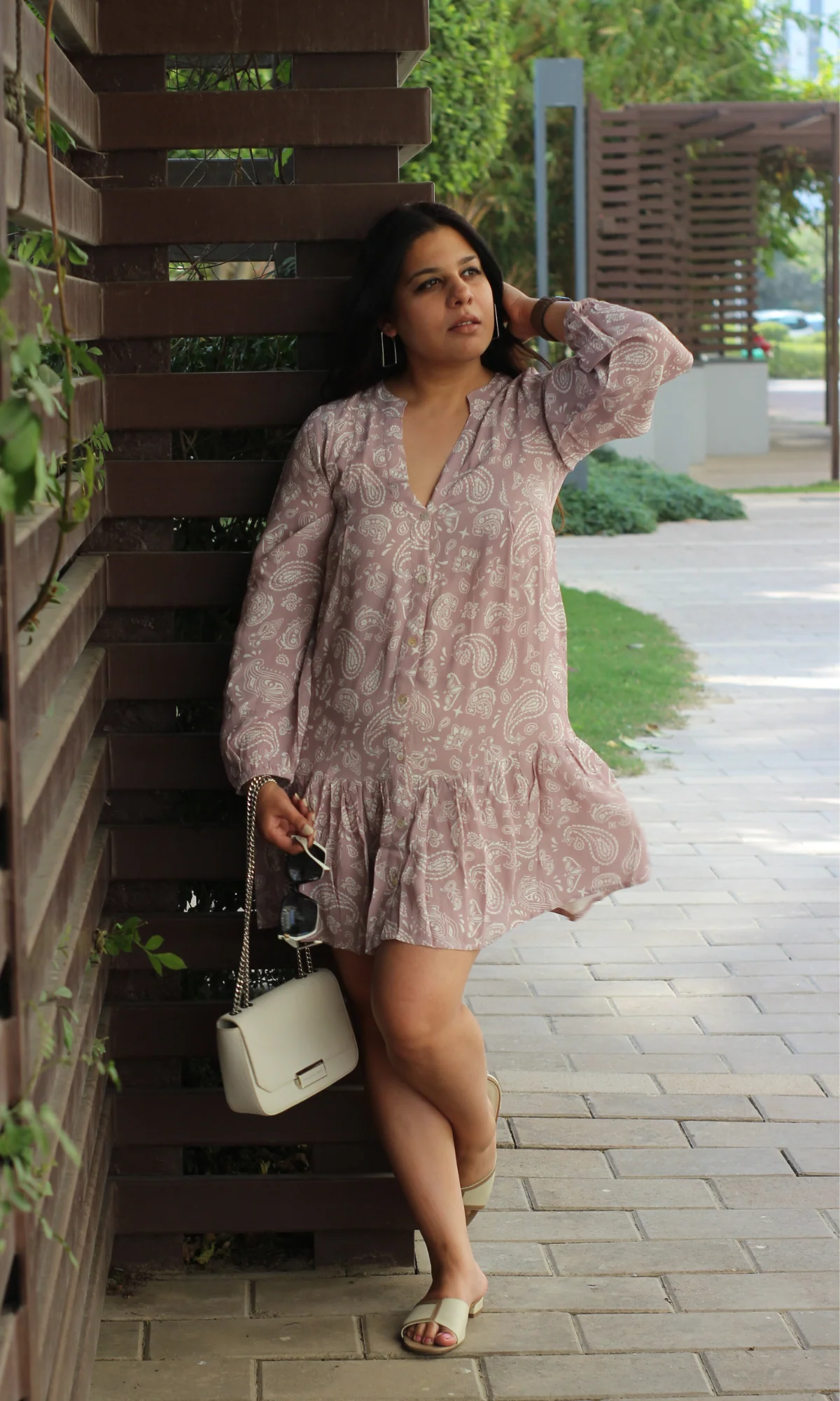 Nude Paisley Printed Sleeved Crepe Dress - Image 4