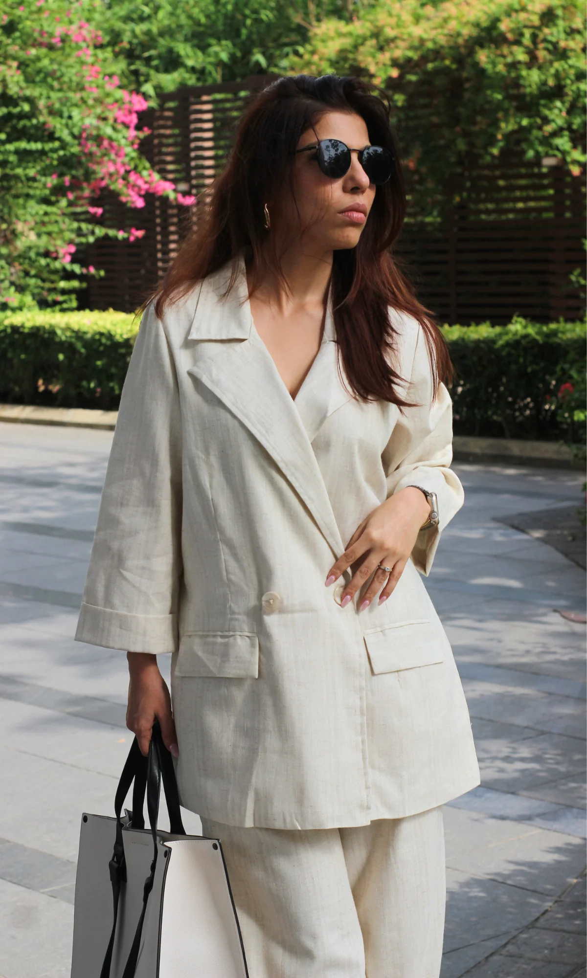 Oatmeal Weave Textured Blazer with Straight Pants Co-ord - Image 2