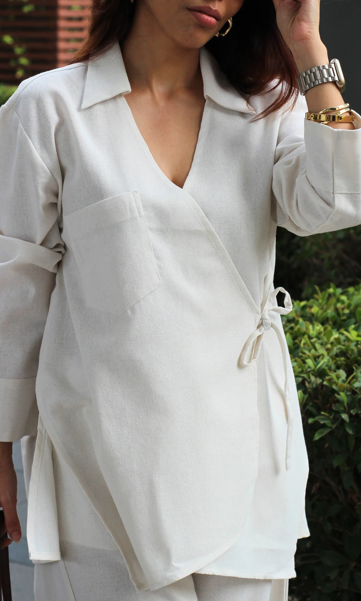 Ivory Linen Cuts Detail Kimono Top with Pants - Image 4