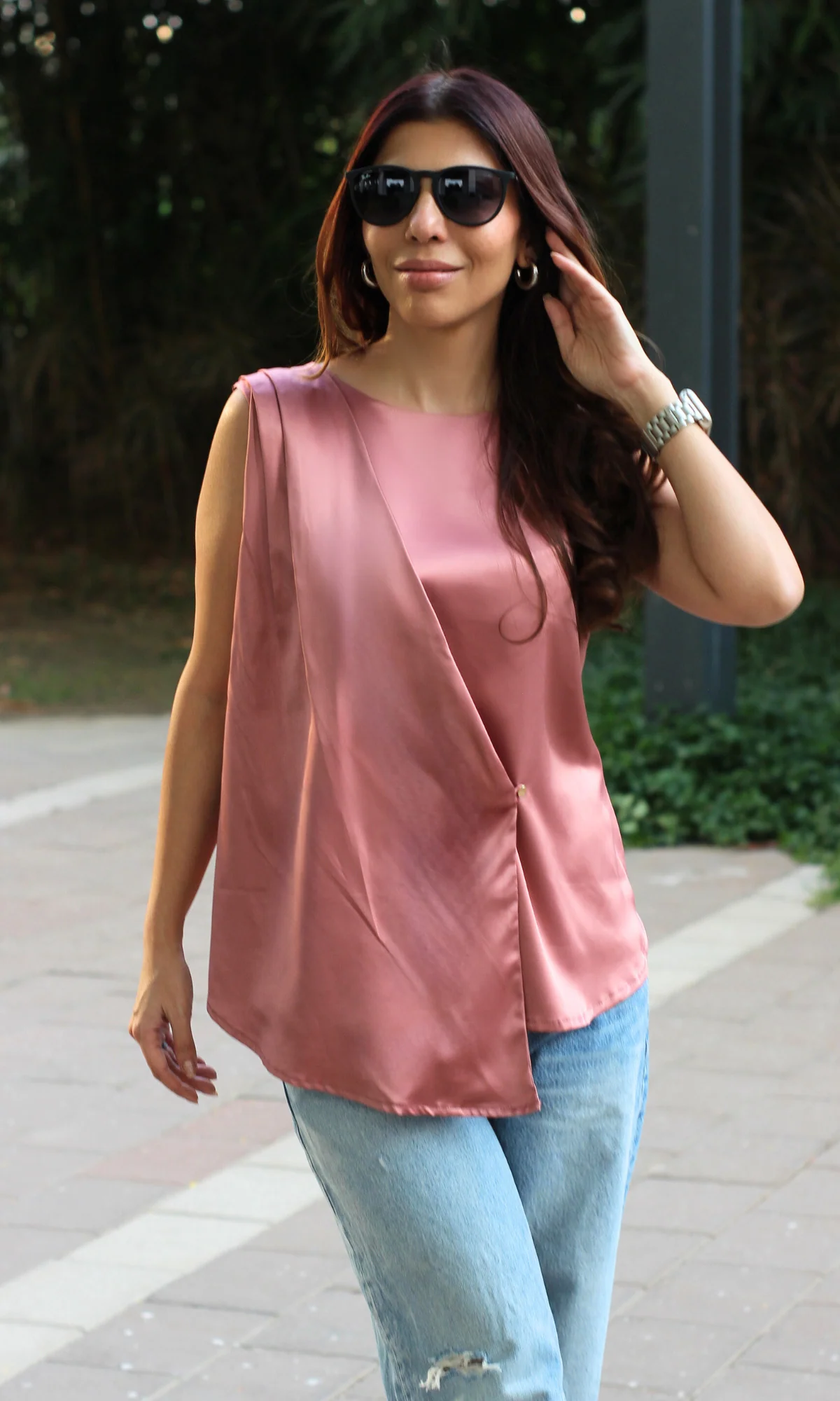 Old Rose Asymmetric Button Detail Top - Image 2