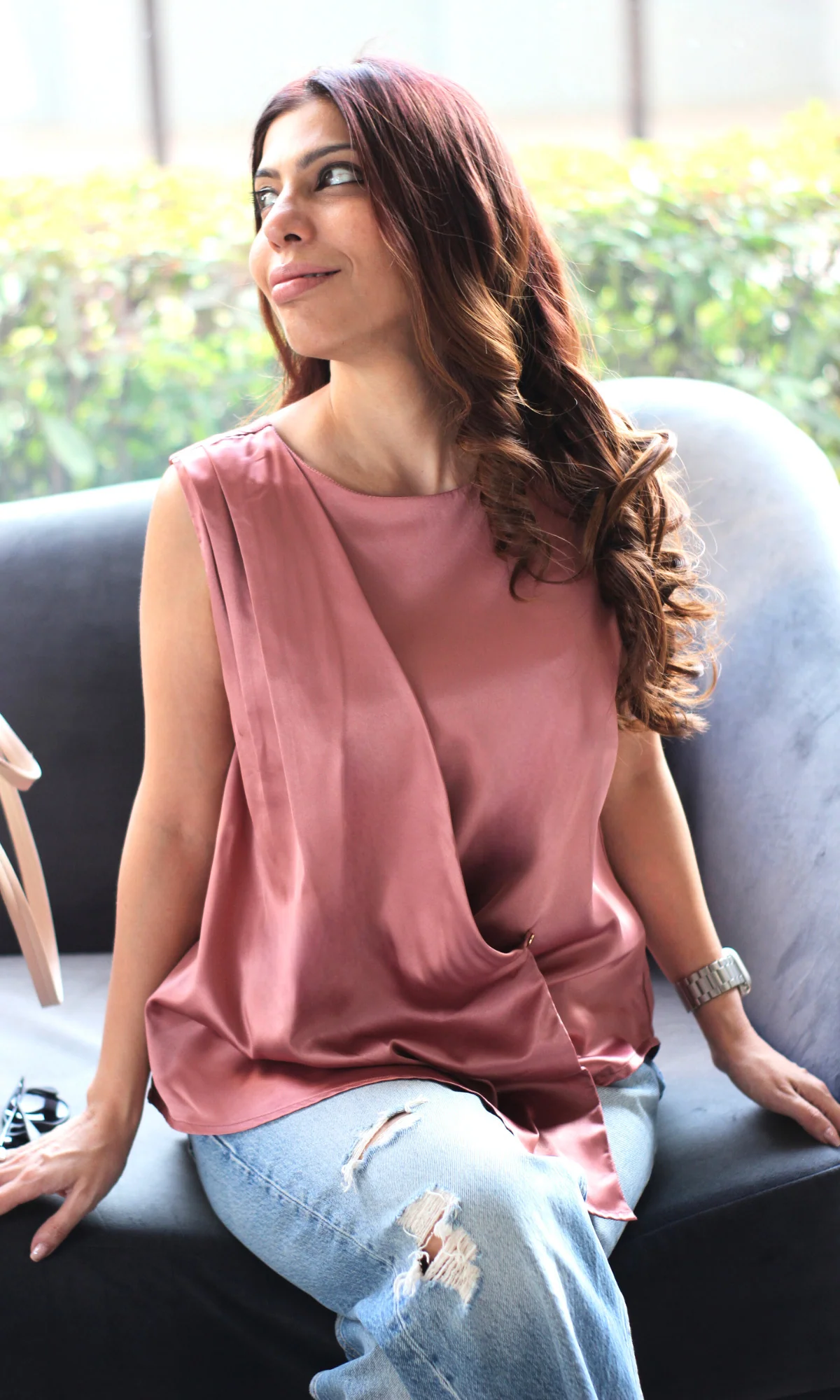 Old Rose Asymmetric Button Detail Top - Image 3