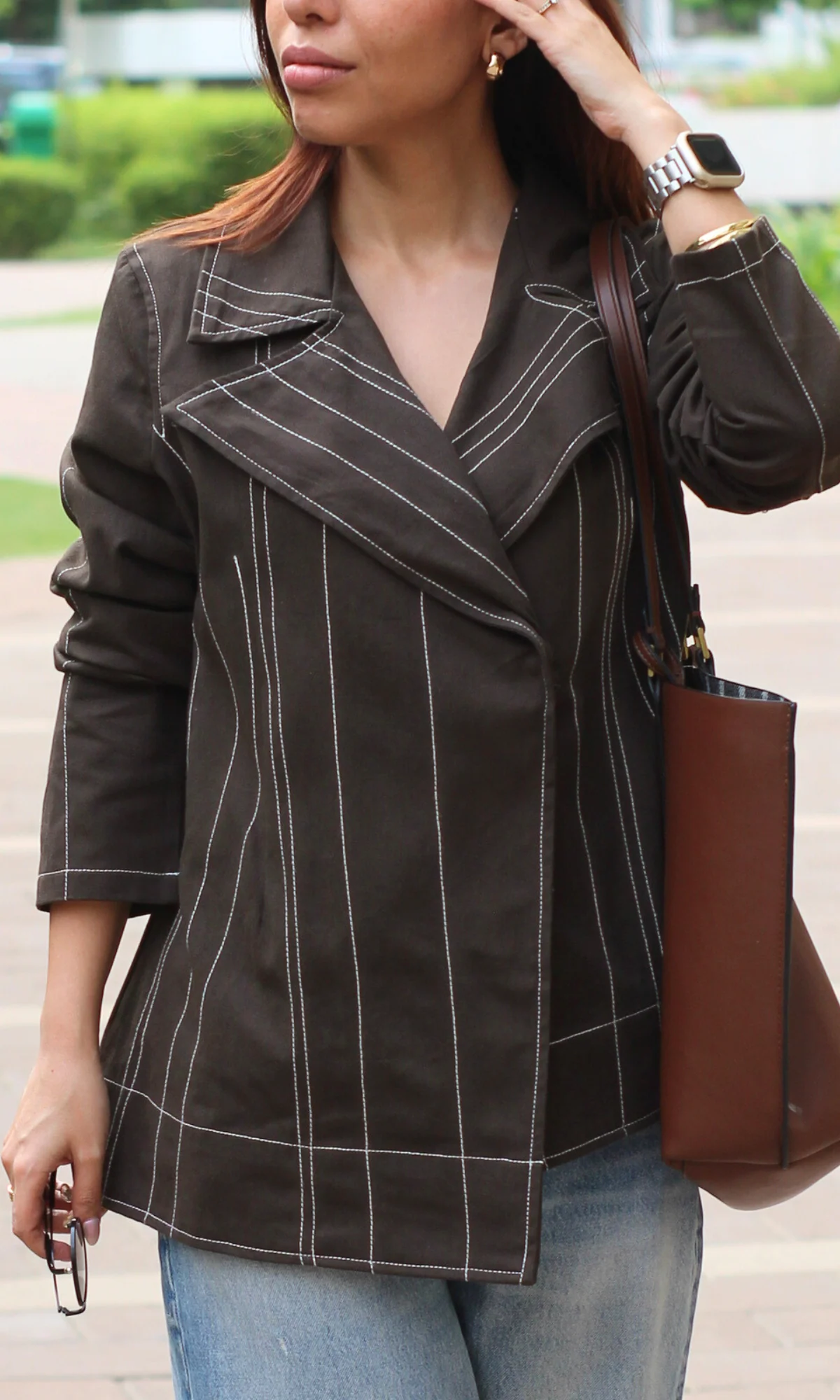 Olive Brown Contrast Stitch Jacket - Image 4