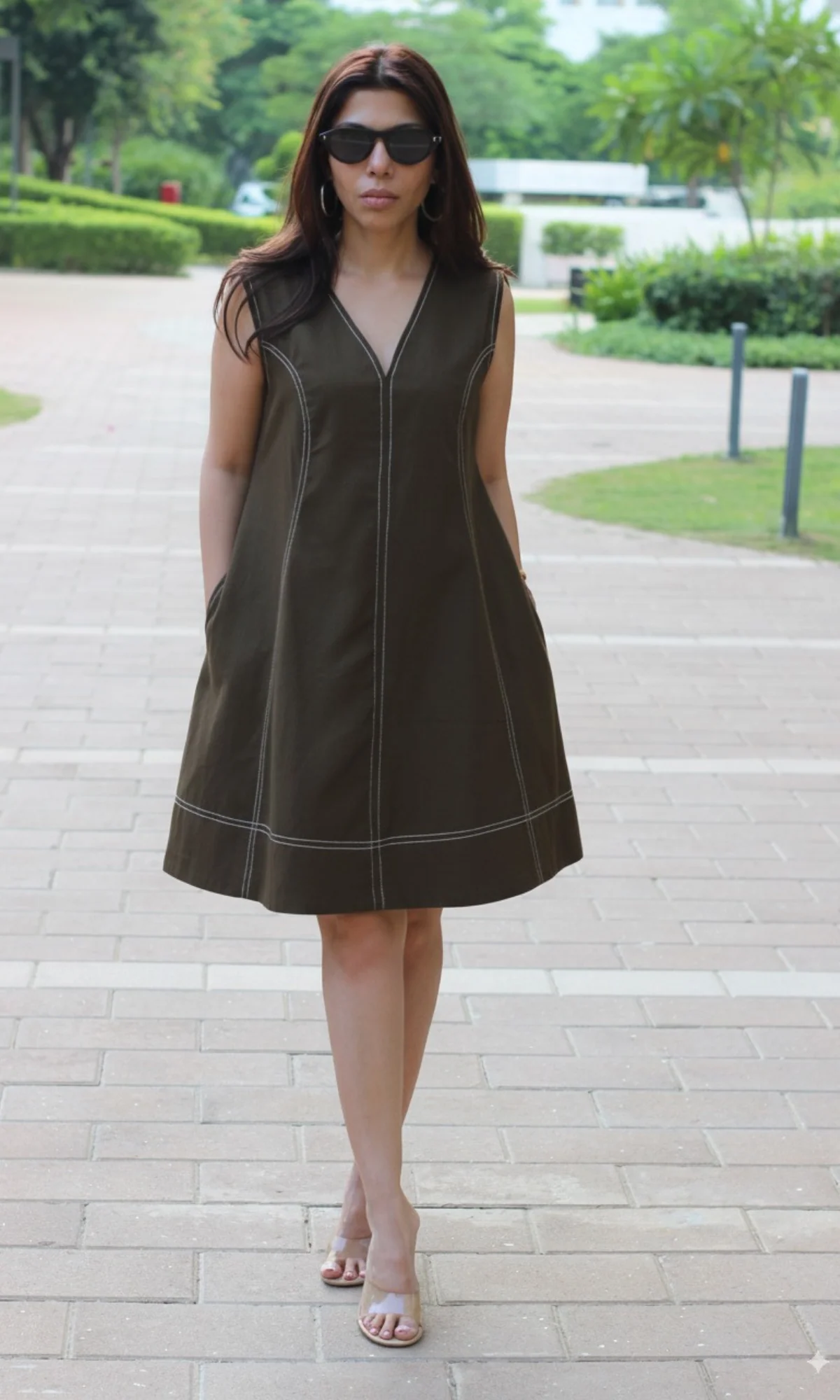 Olive Earth Stitch A-Line Dress - Image 4
