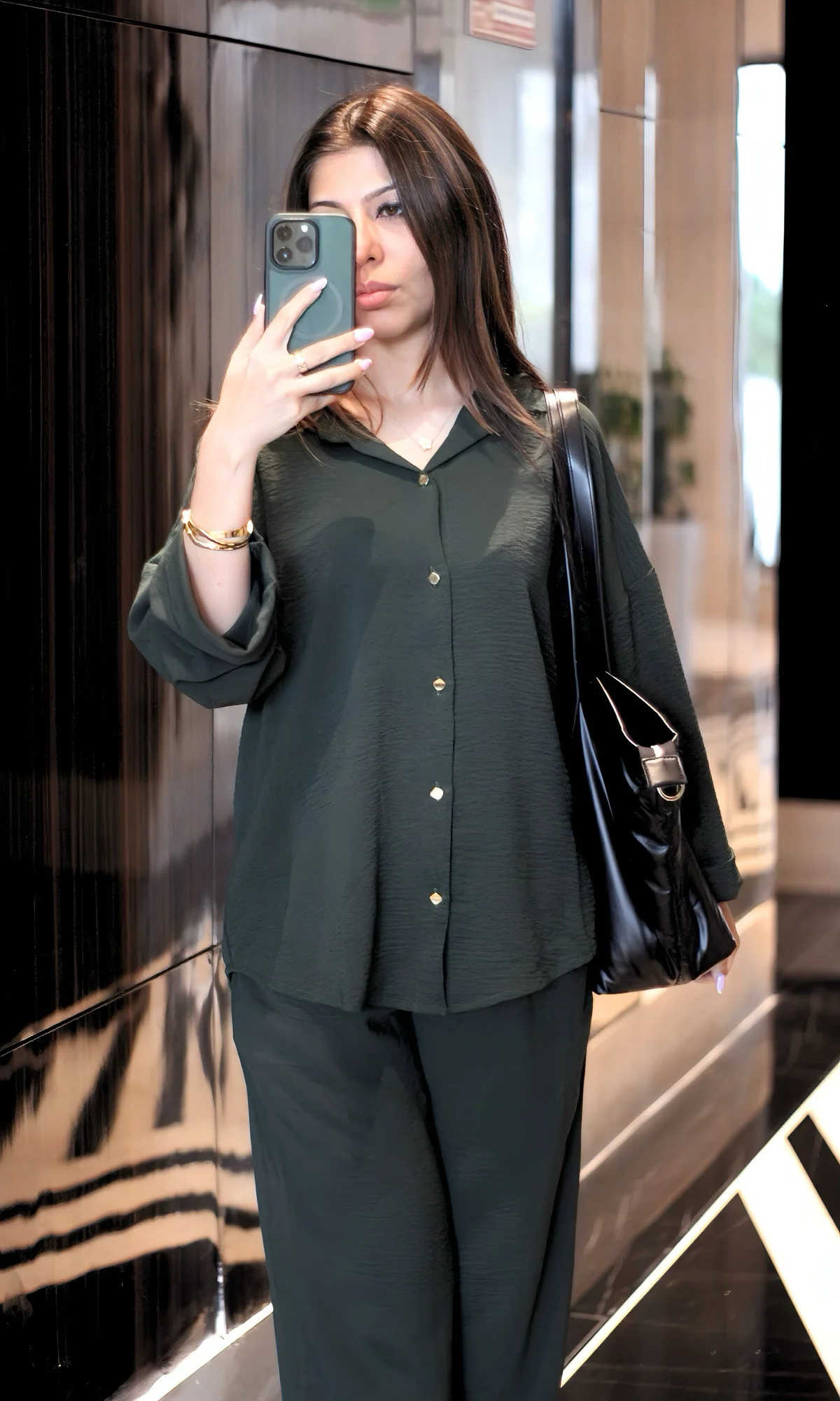 Olive Metallic Buttoned Shirt and Pants Co-ord - Image 3