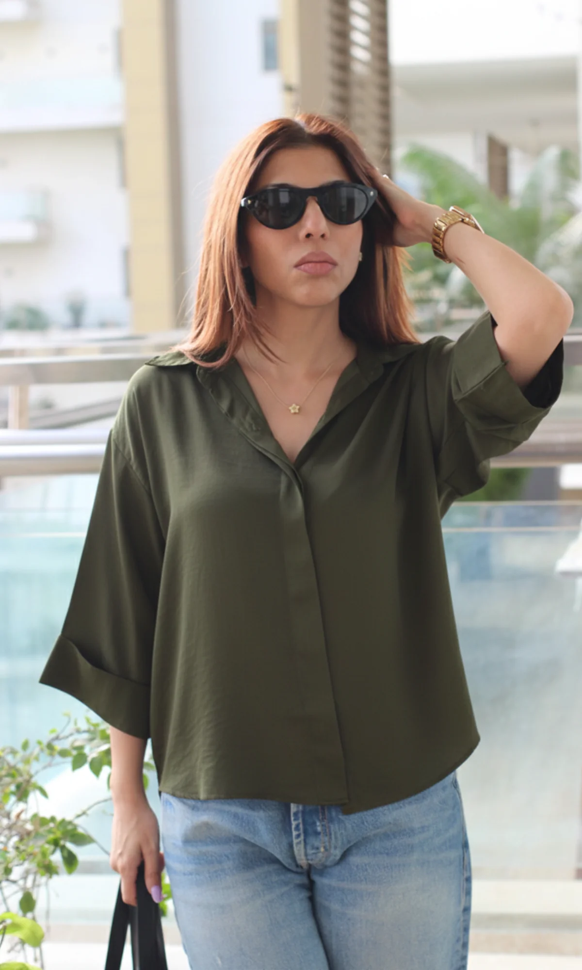 Olive Sheen Oversized Shirt - Image 2