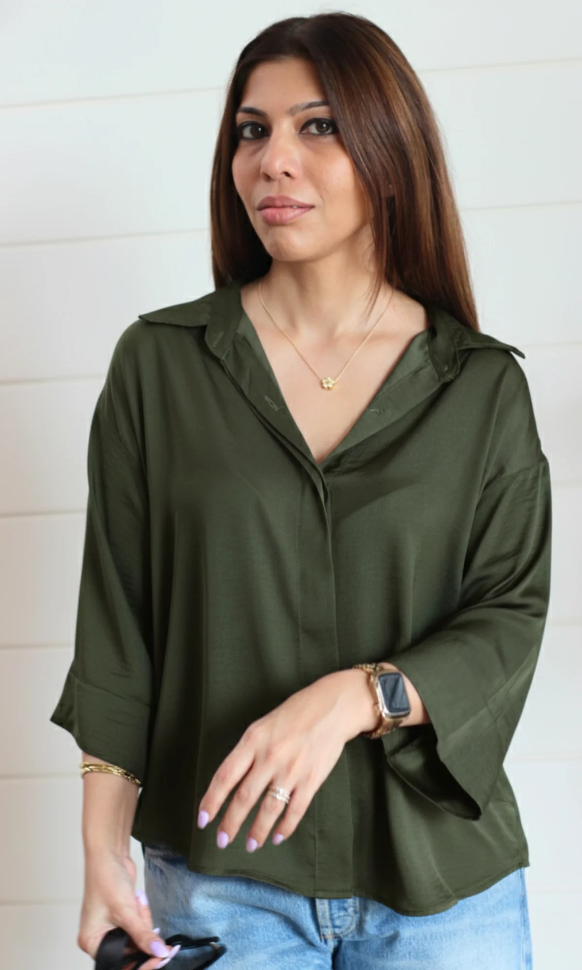 Olive Sheen Oversized Shirt - Image 3