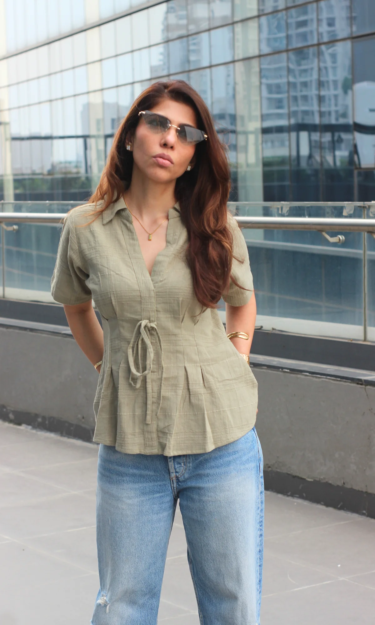Olive Structured Tie Detail Top - Image 2