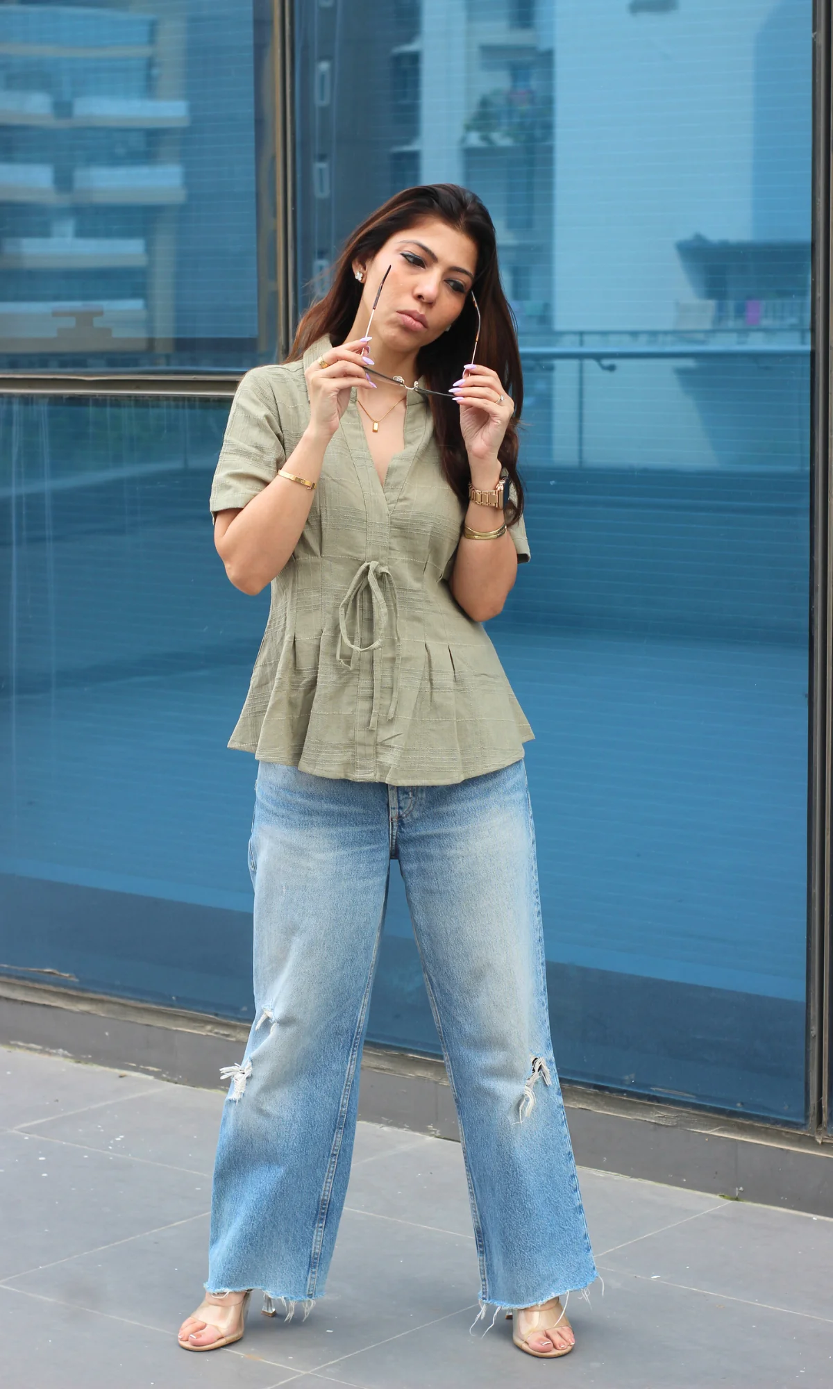 Olive Structured Tie Detail Top - Image 5