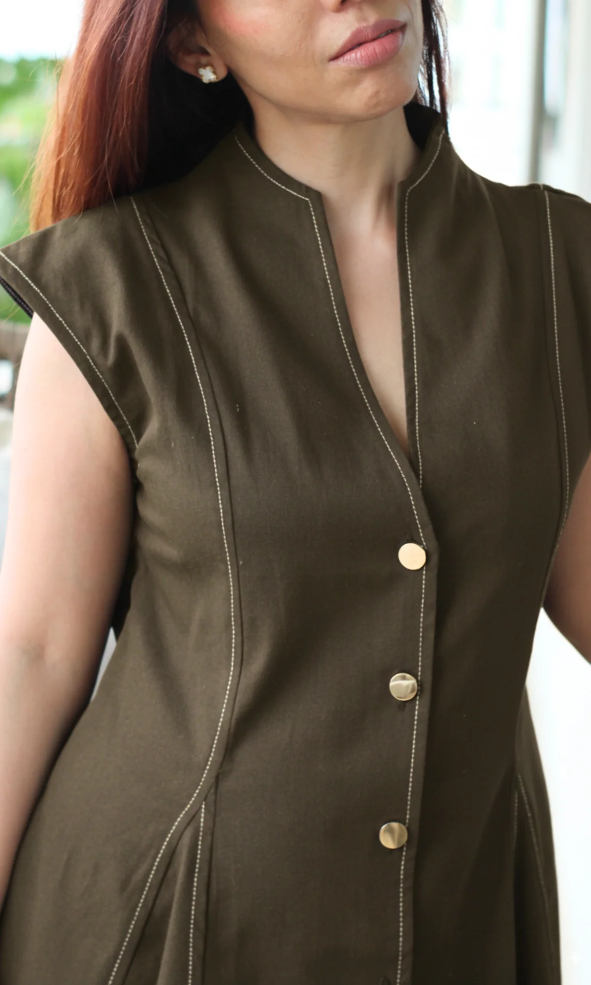 Olive Thread Detail Metallic Buttoned Dress - Image 4