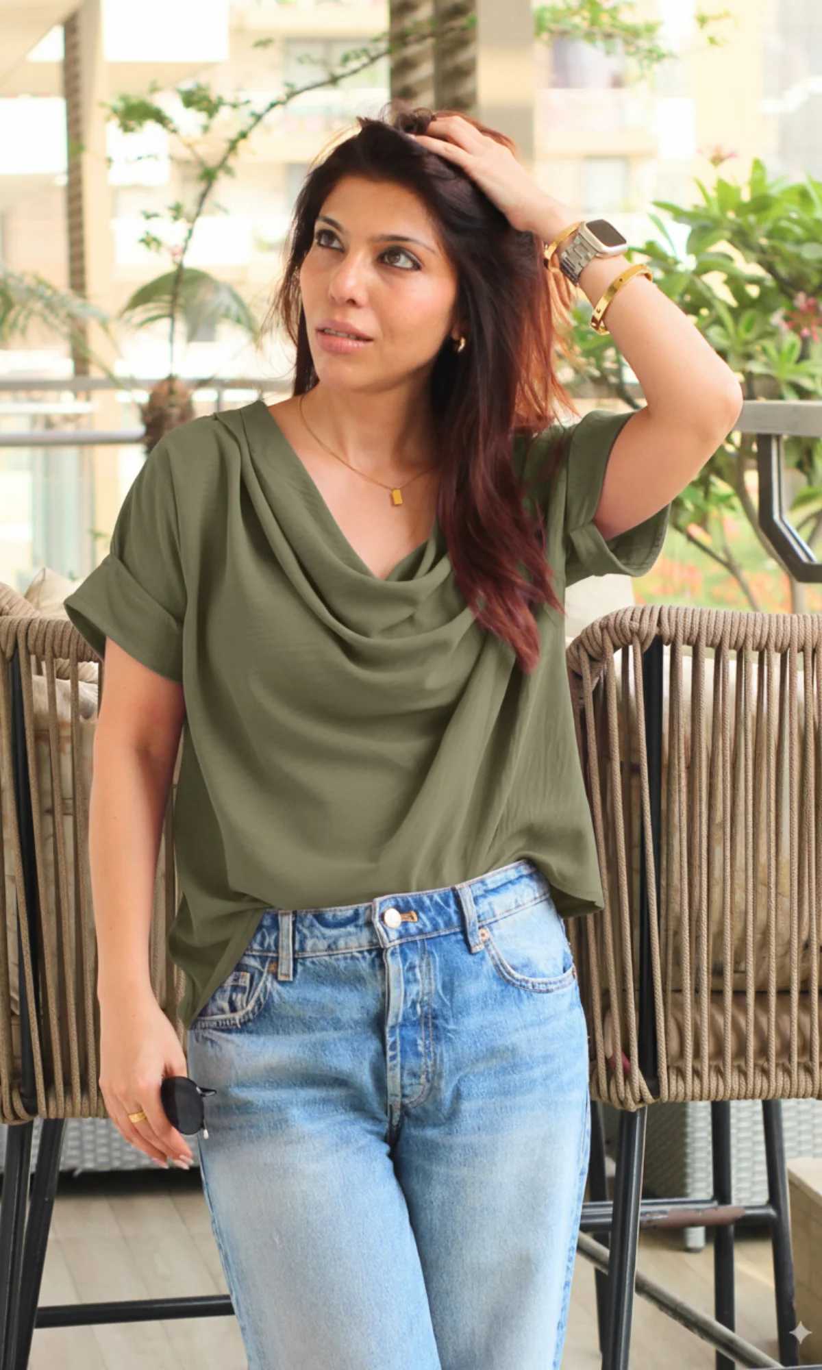 Olivine Flowing Cowl Neck Top - Image 2