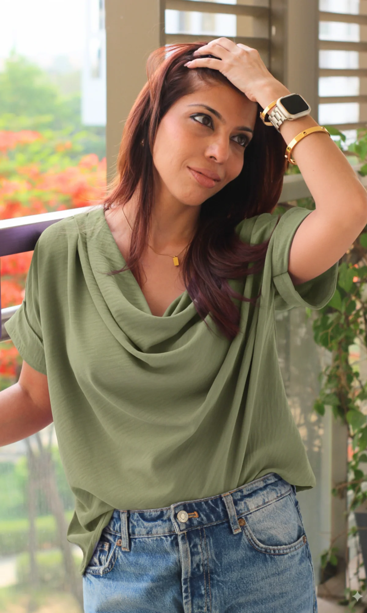Olivine Flowing Cowl Neck Top - Image 3
