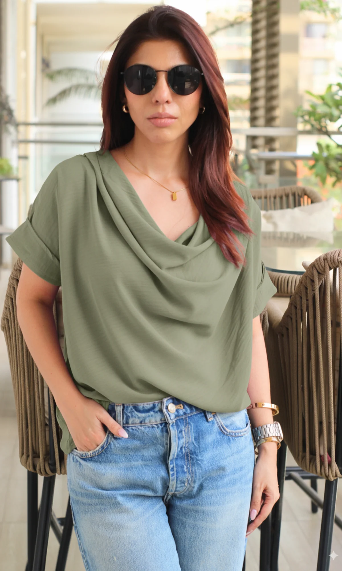 Olivine Flowing Cowl Neck Top - Image 4