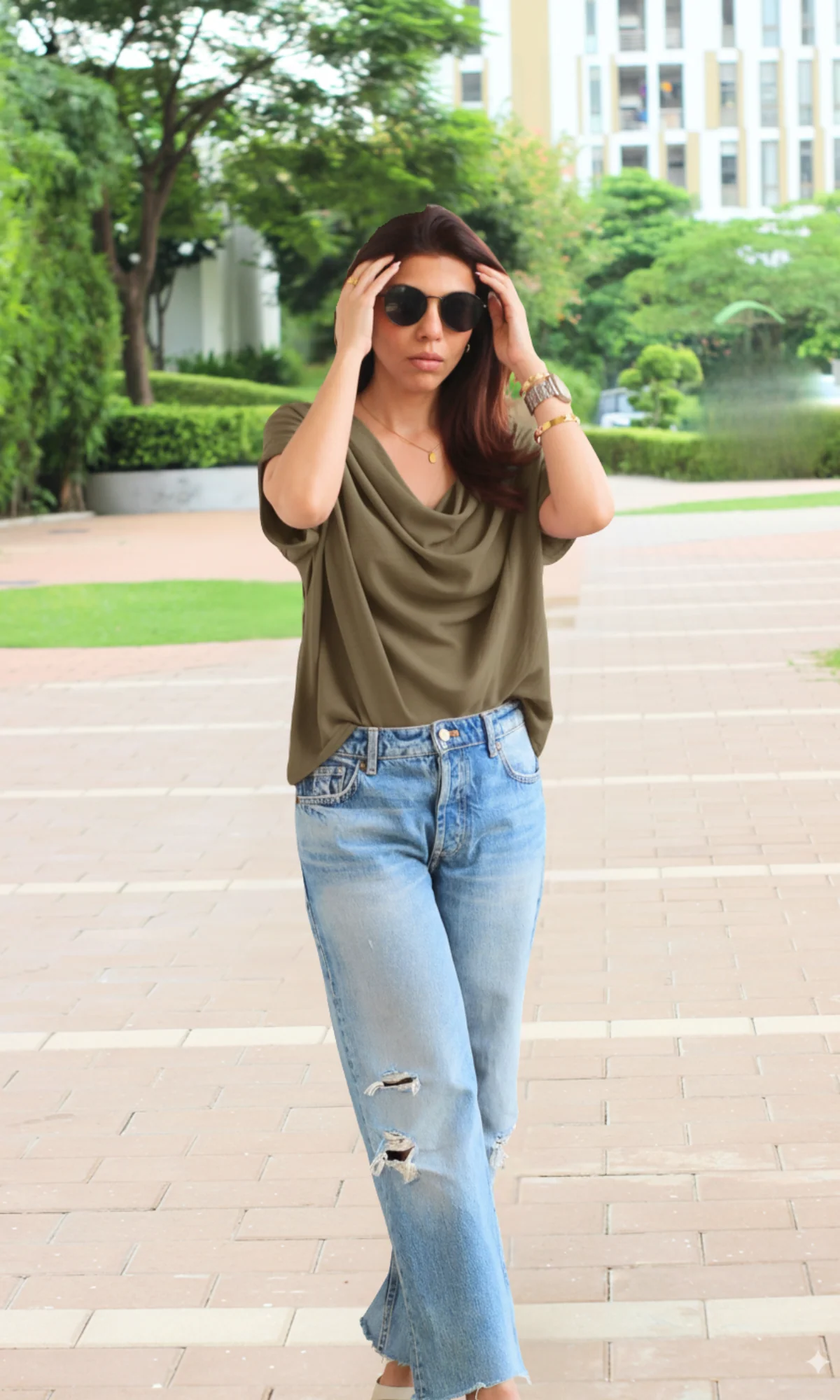 Olivine Flowing Cowl Neck Top - Image 5