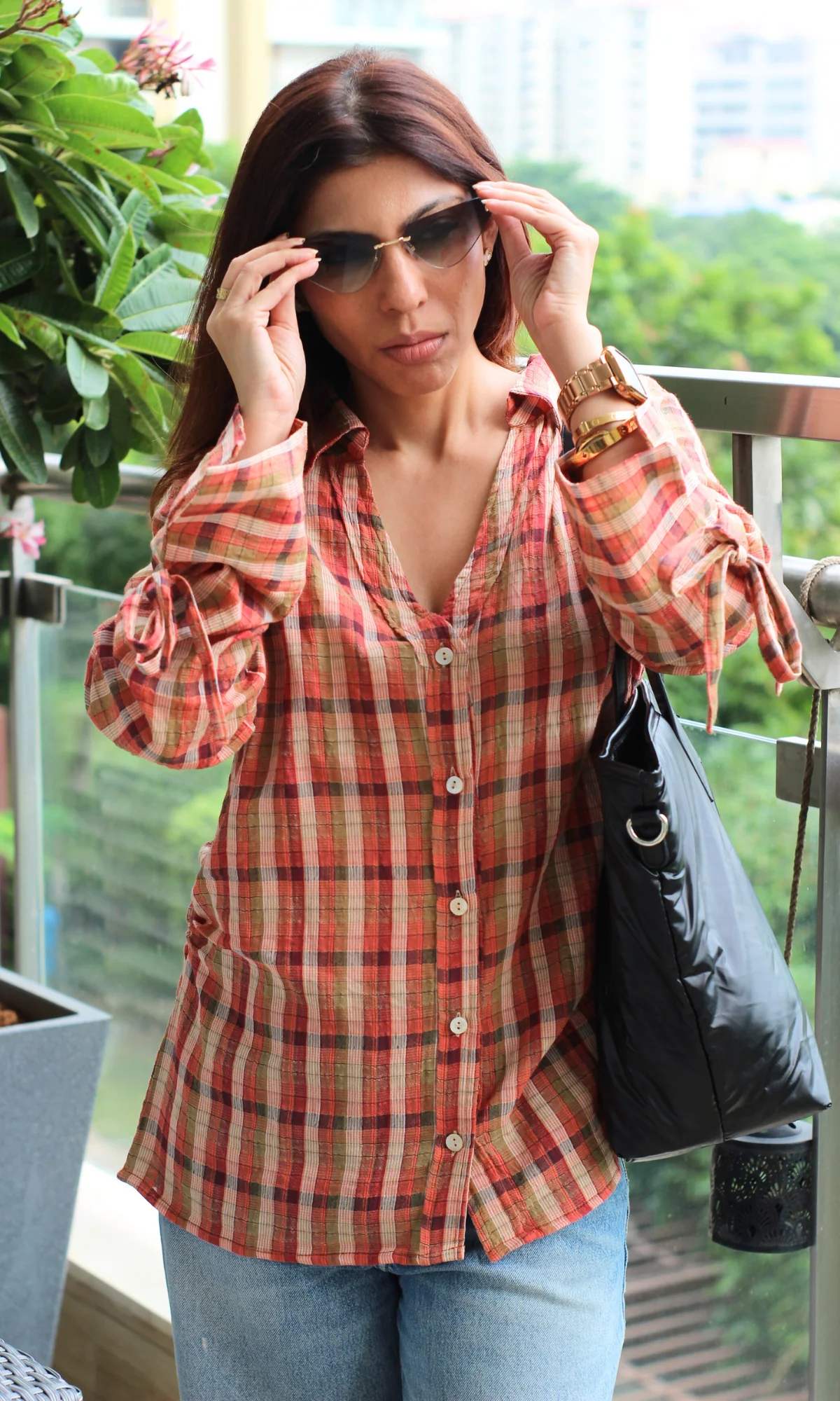 Orange Checked String Detail Cotton Shirt - Image 5