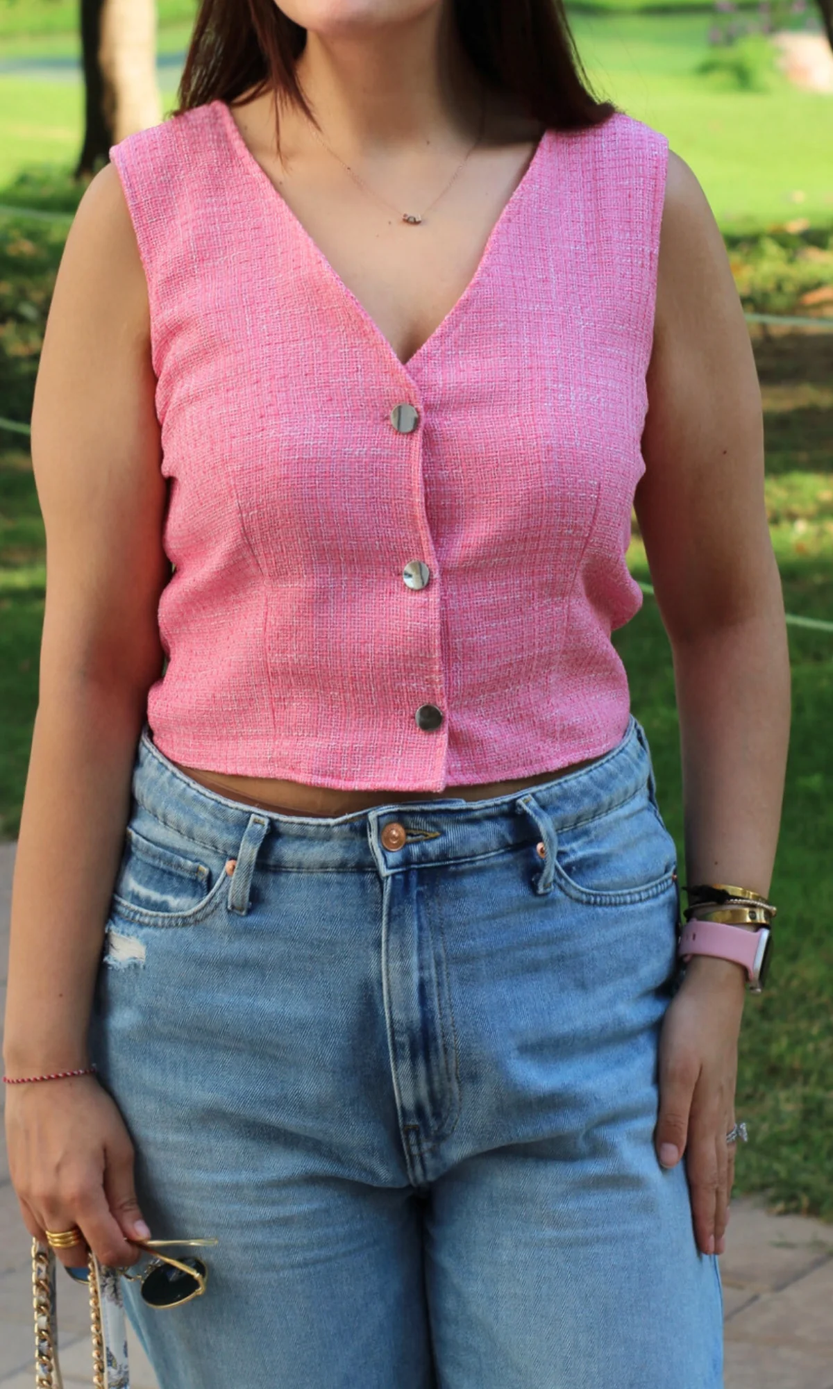 Pink Tweed Cropped Waist Coat - Image 5