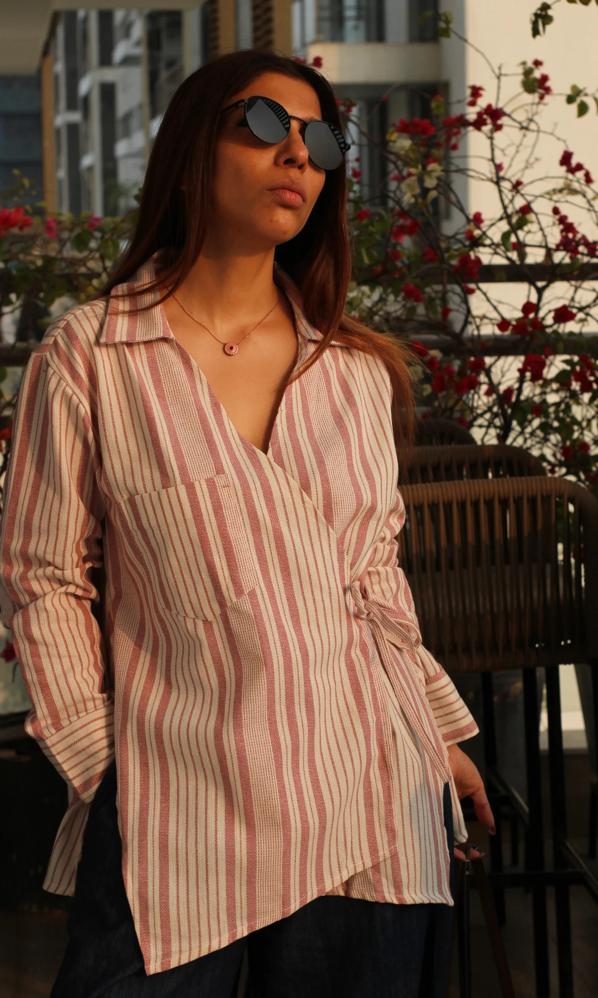 Pink-White Weaved Cuts Detail Kimono Top