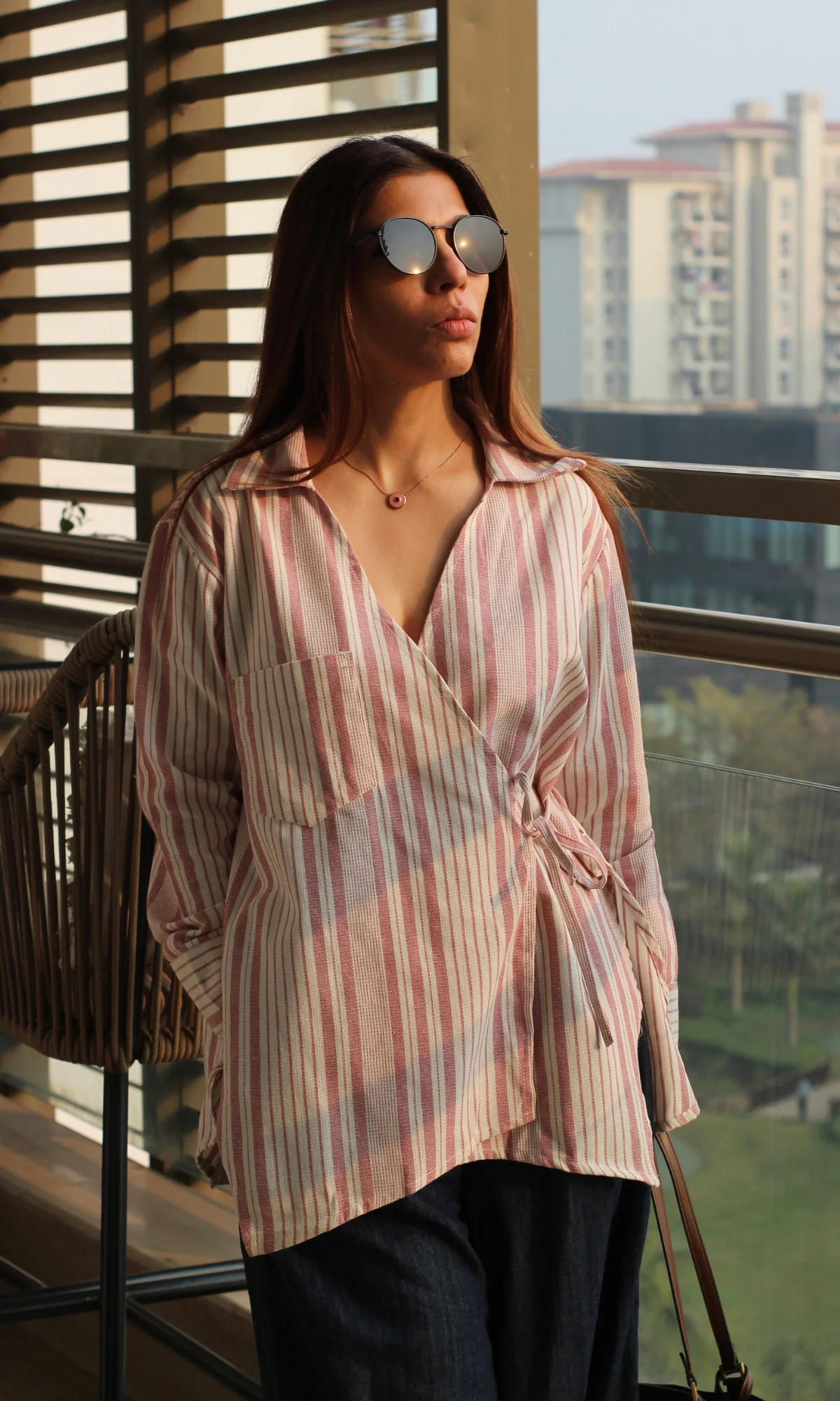 Pink-White Weaved Cuts Detail Kimono Top - Image 2