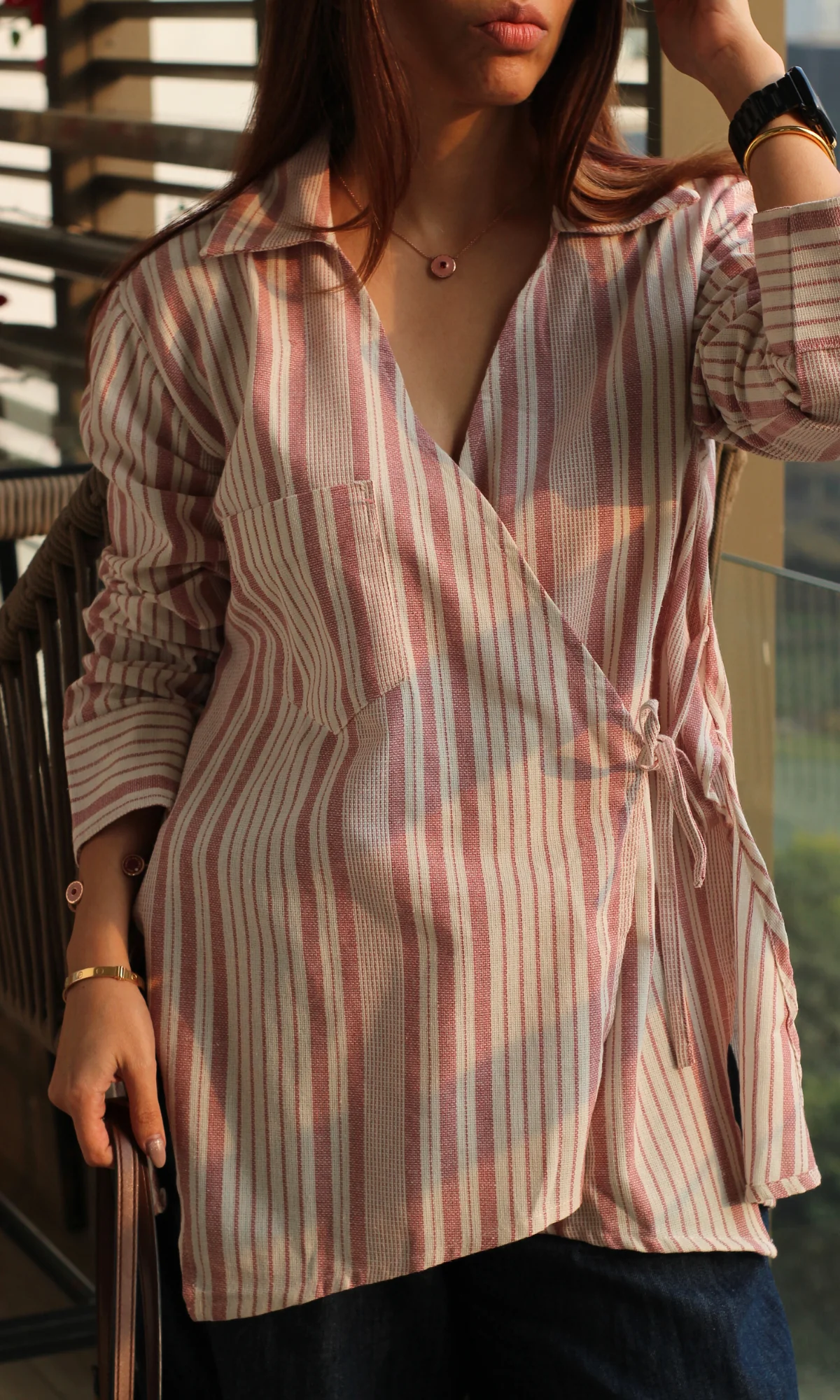 Pink-White Weaved Cuts Detail Kimono Top - Image 5