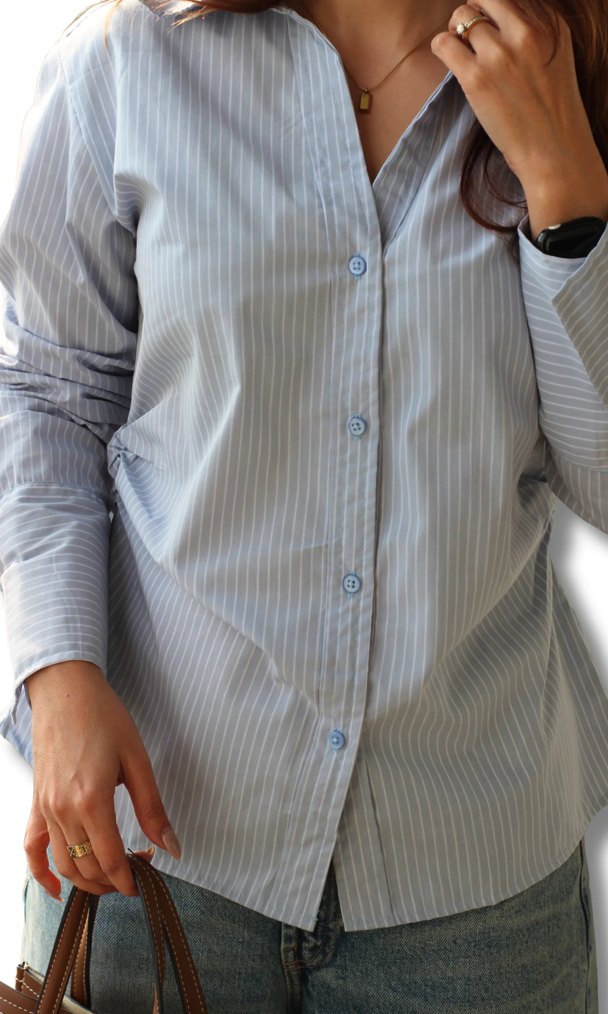 Soft Blue Pinstripe Side Cinch Shirt - Image 2