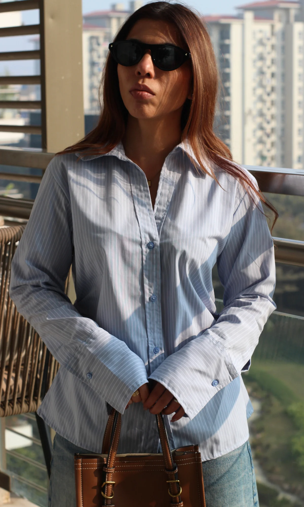 Soft Blue Pinstripe Side Cinch Shirt - Image 4