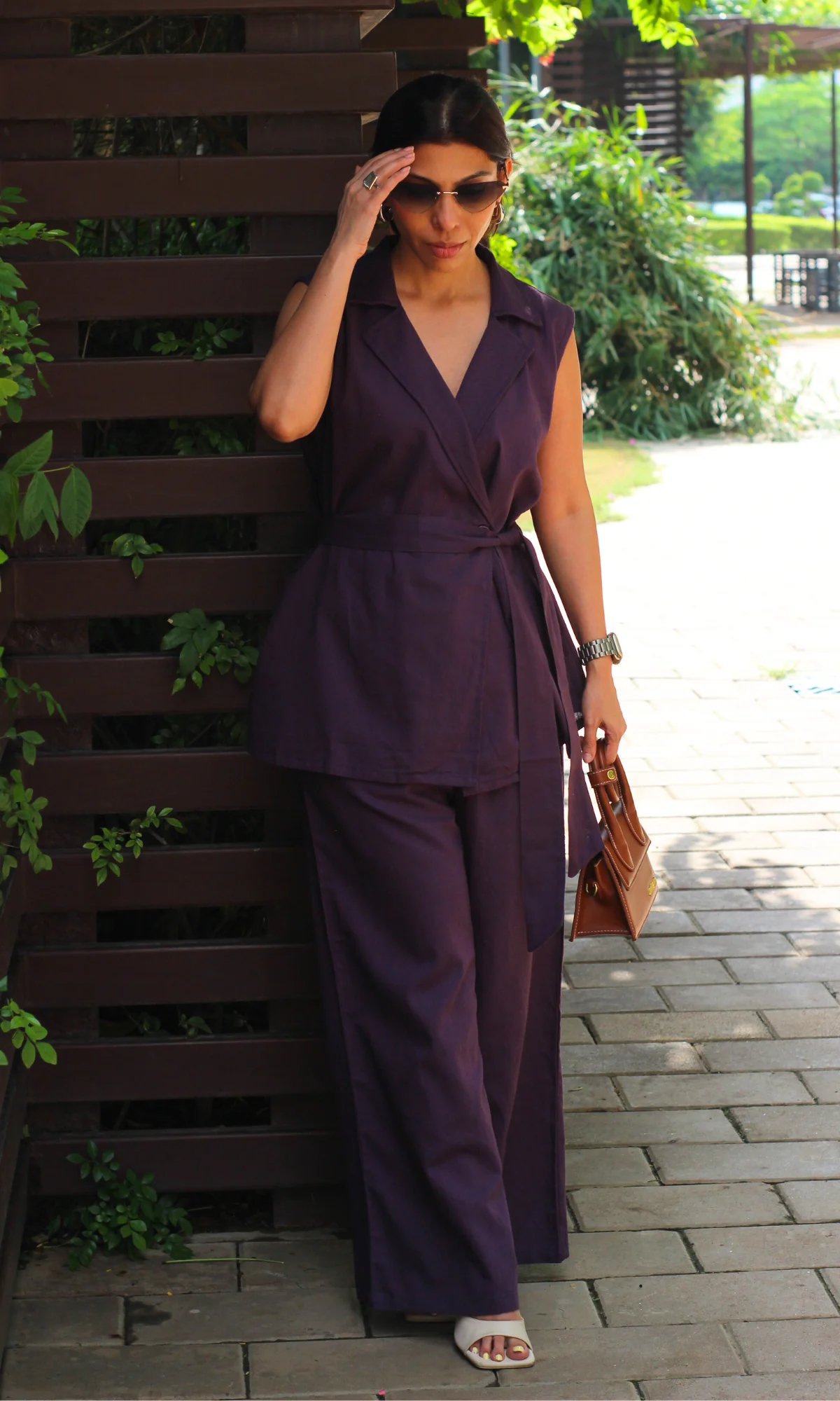 Deep Plum Belted Blazer Top with Flared Pants Co-ord - Image 2