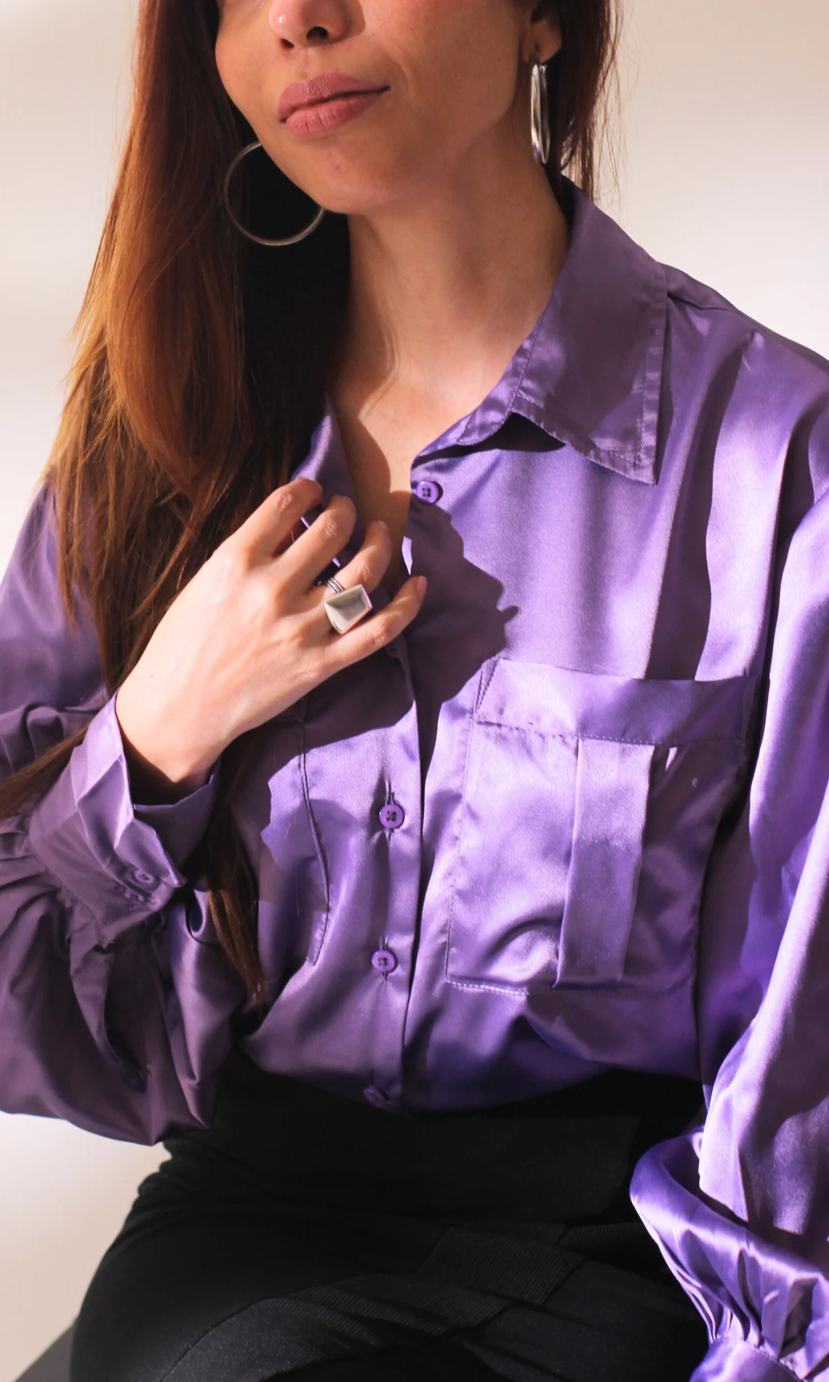 Purple Balloon Sleeved Satin Shirt - Image 2