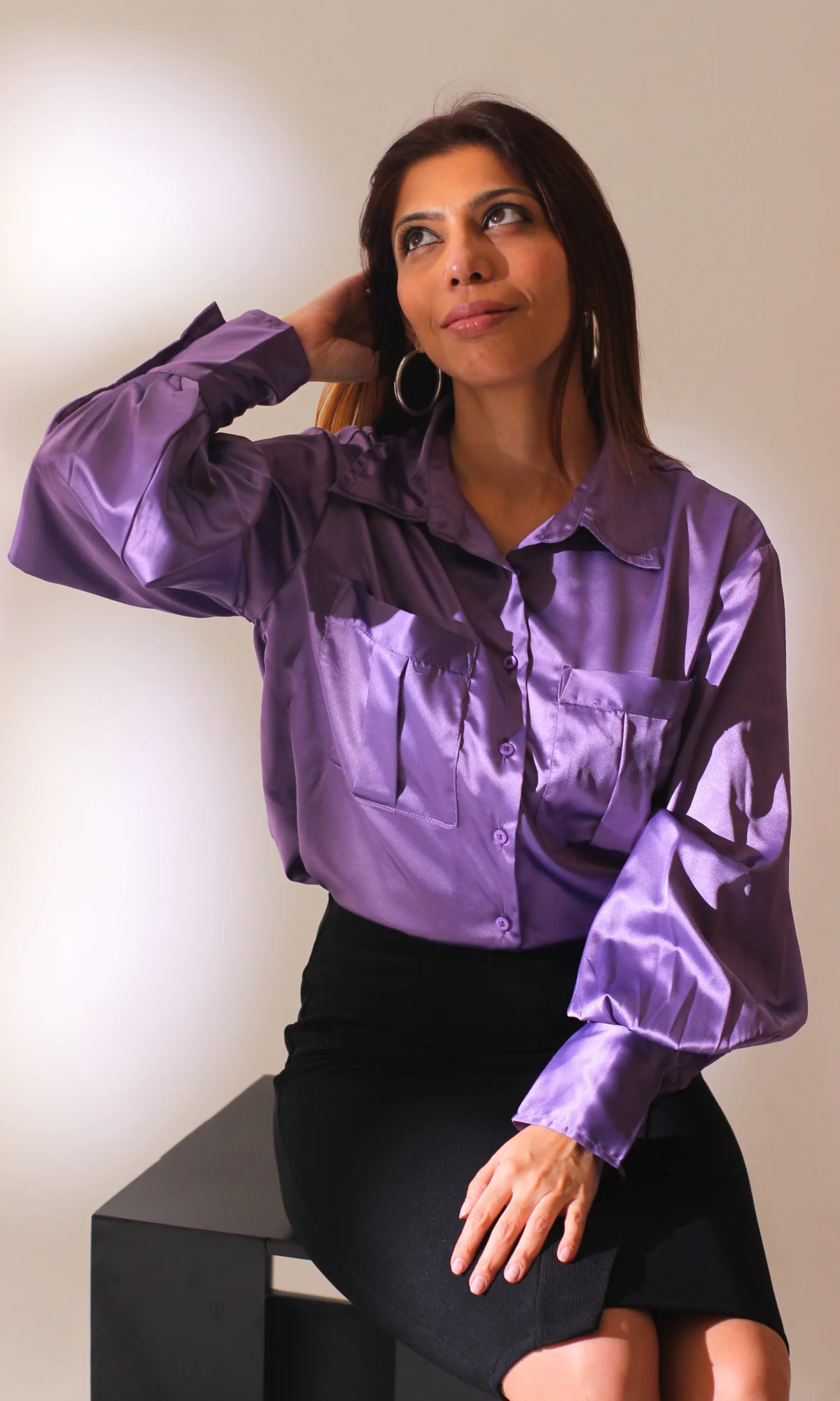 Purple Balloon Sleeved Satin Shirt - Image 5