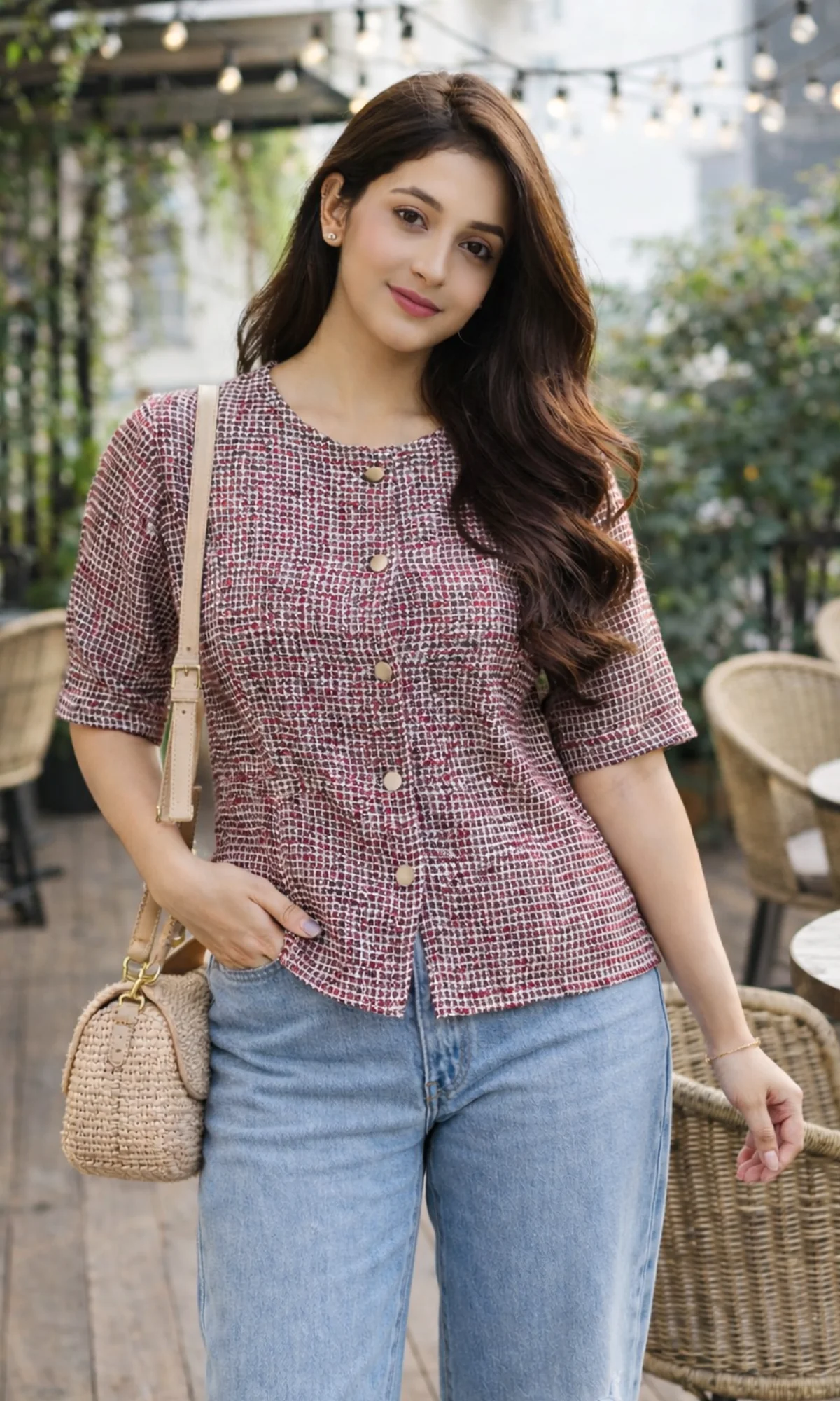 Red-Black Tweed Round Neck Waist Coat - Image 3