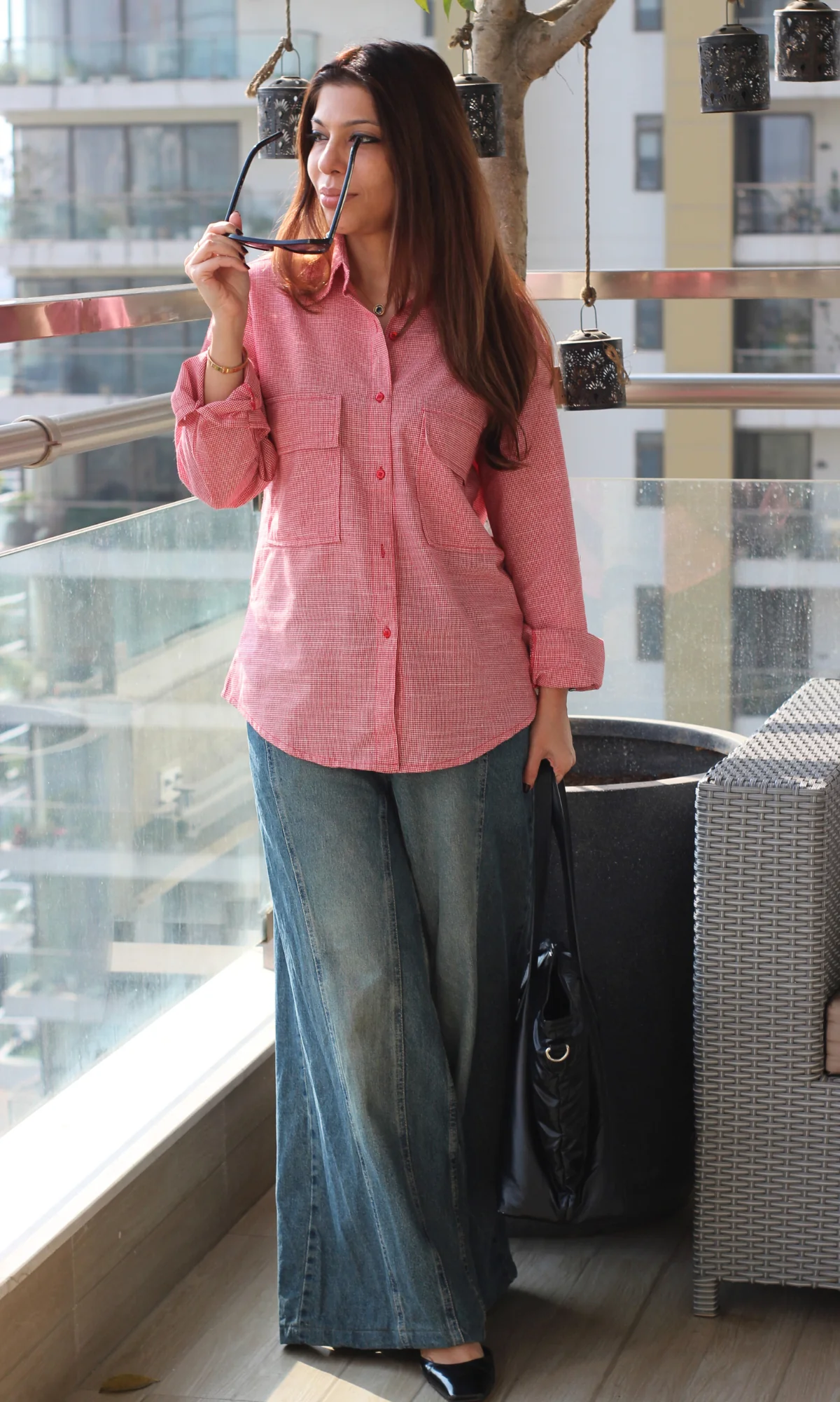 Red Cotton Micro-Check Flap Pockets Shirt - Image 3