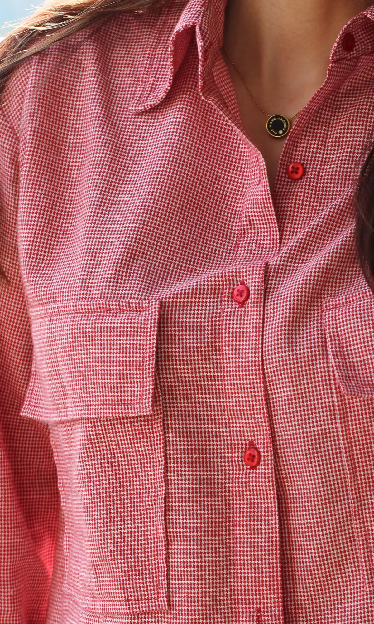 Red Cotton Micro-Check Flap Pockets Shirt - Image 4
