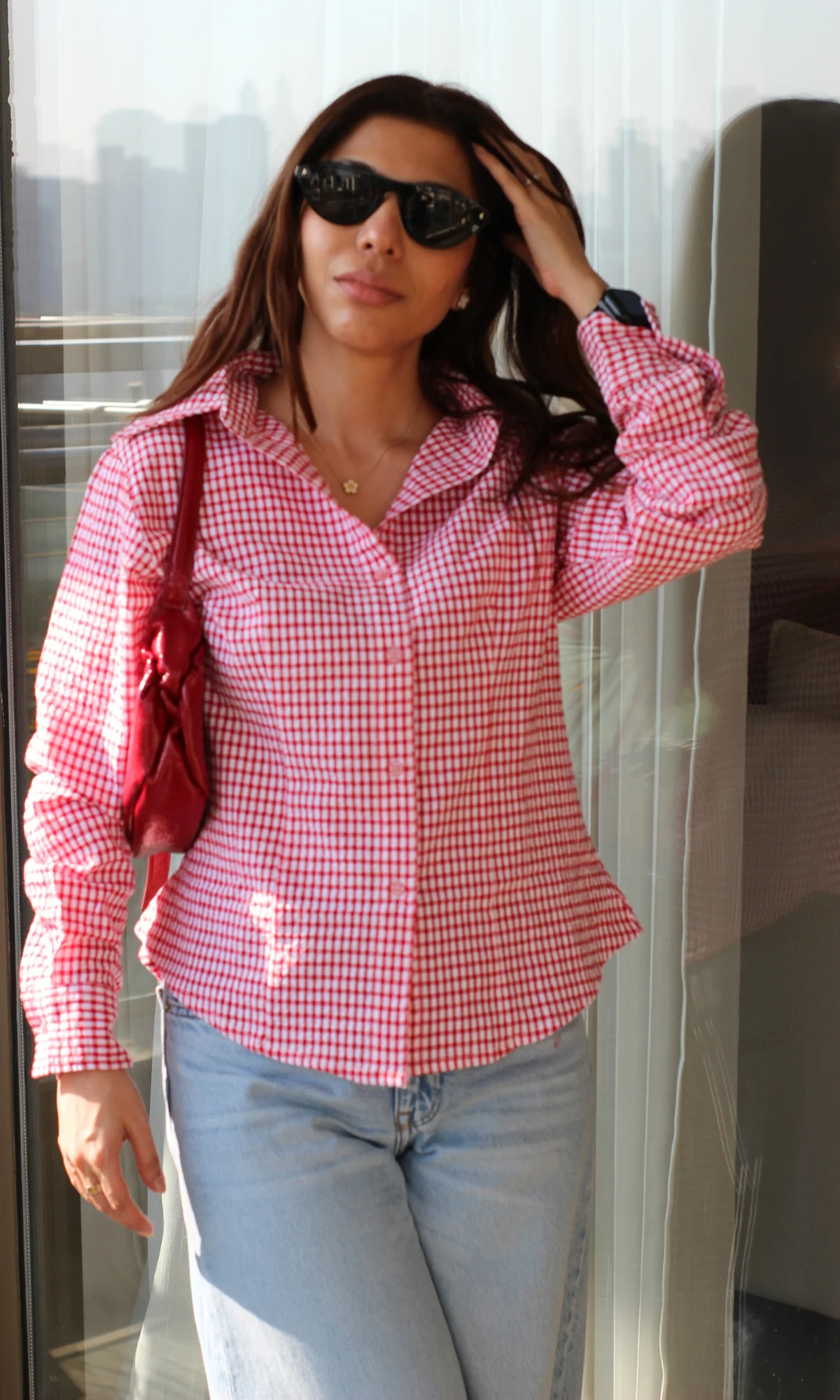 Red Gingham-Check Peplum Shirt - Image 2