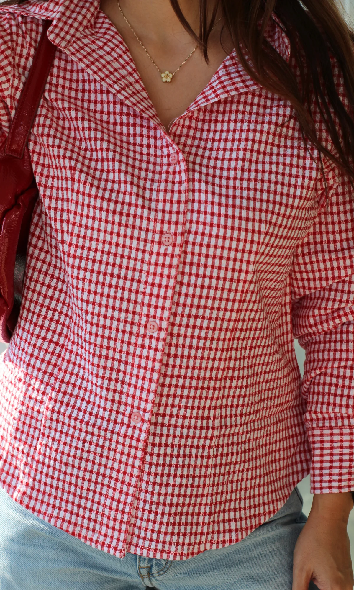 Red Gingham-Check Peplum Shirt - Image 3