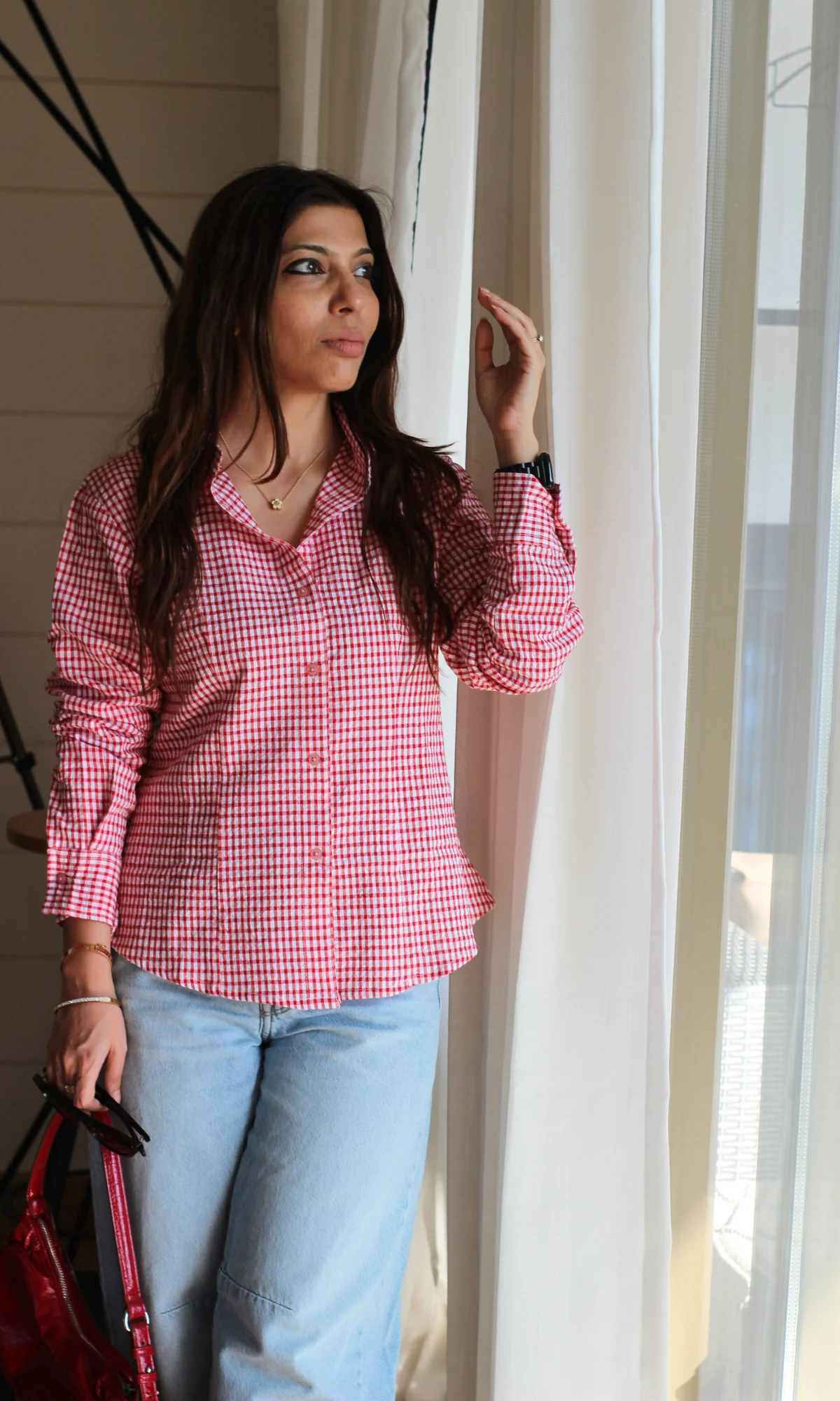 Red Gingham-Check Peplum Shirt - Image 4