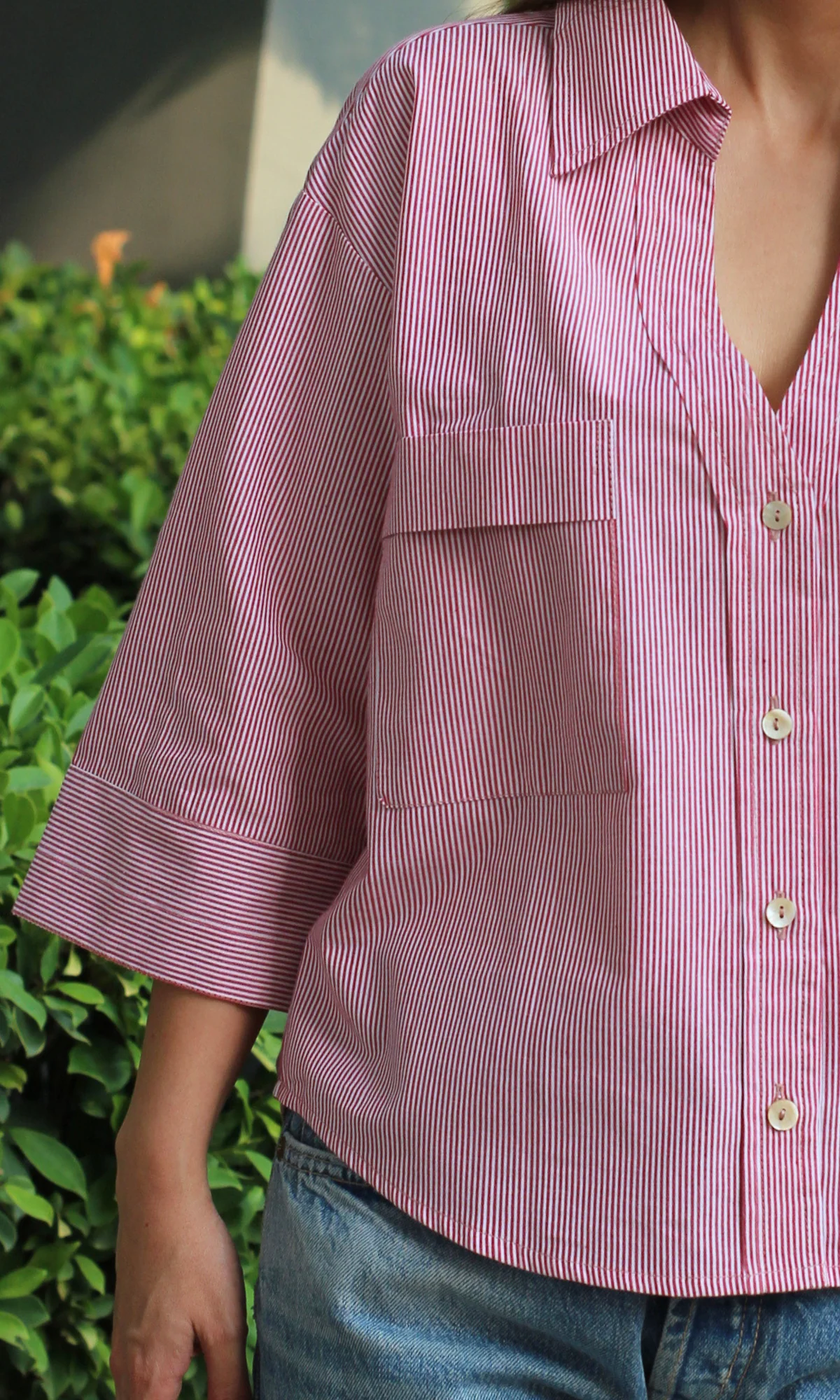 Red Striped Cotton Cropped Shirt - Image 3