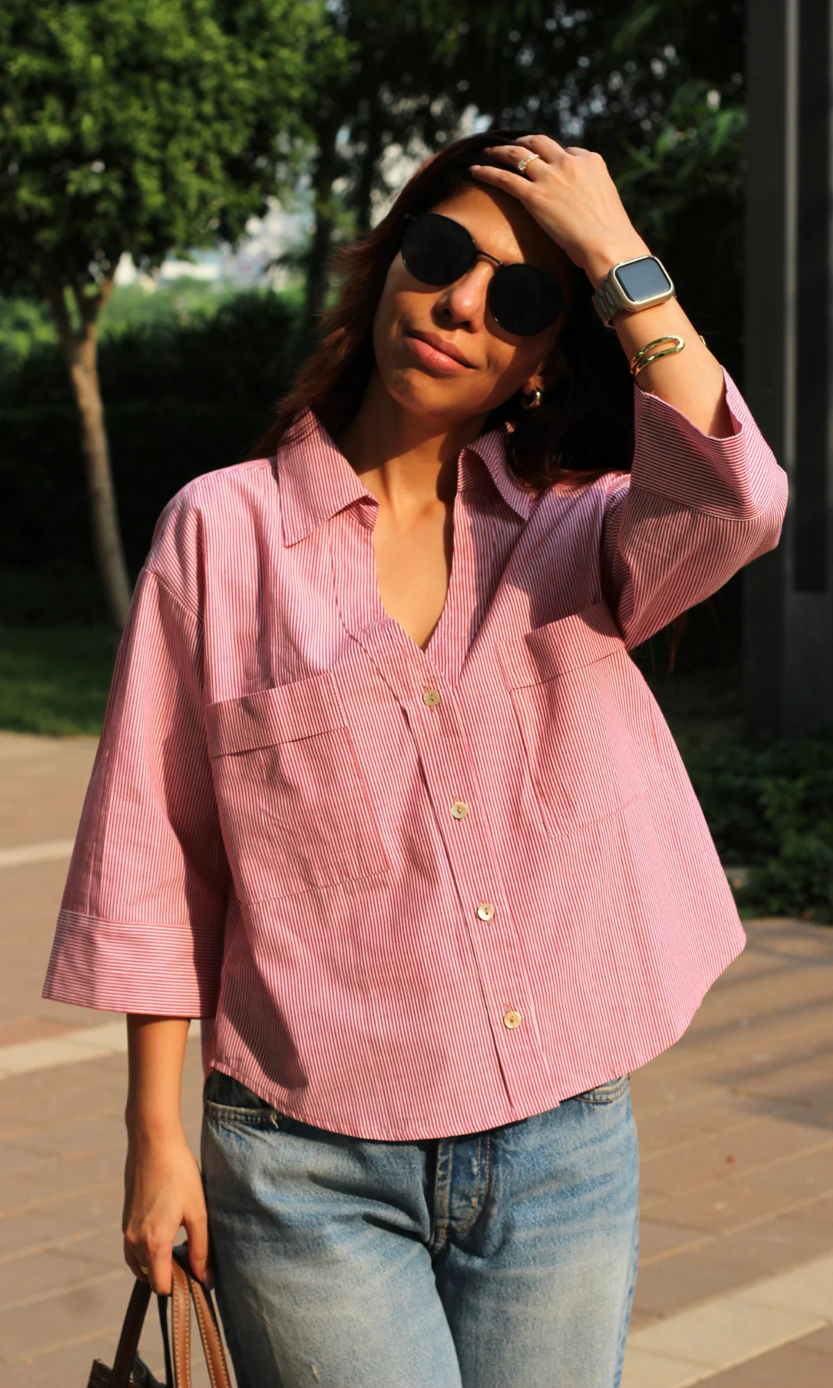 Red Striped Cotton Cropped Shirt - Image 4