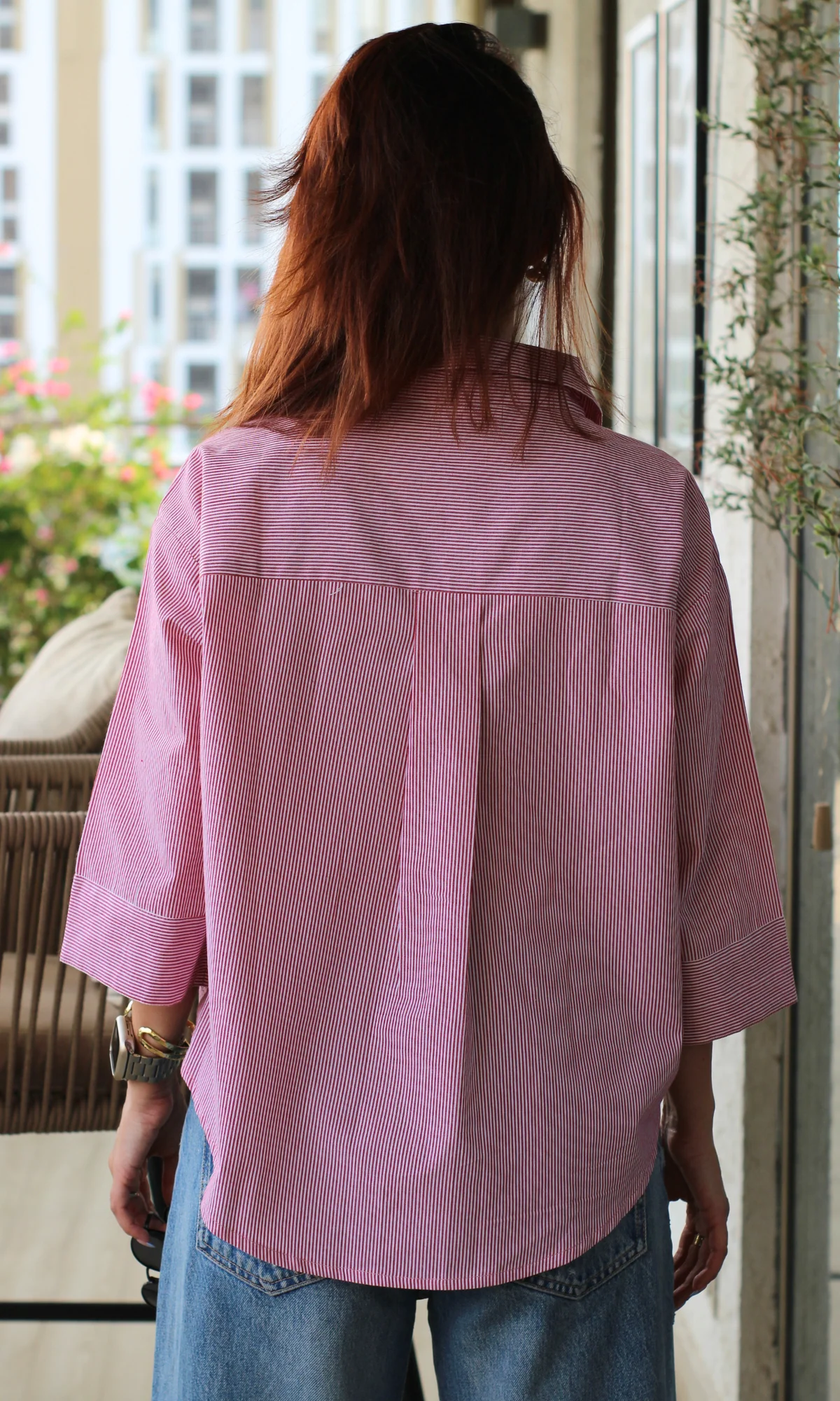 Red Striped Cotton Cropped Shirt - Image 5