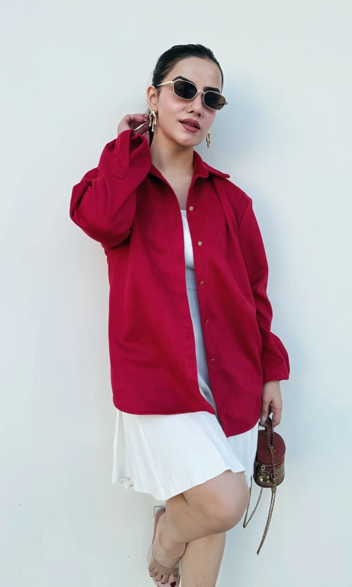 Red Suede Metallic Buttoned Shirt - Image 3