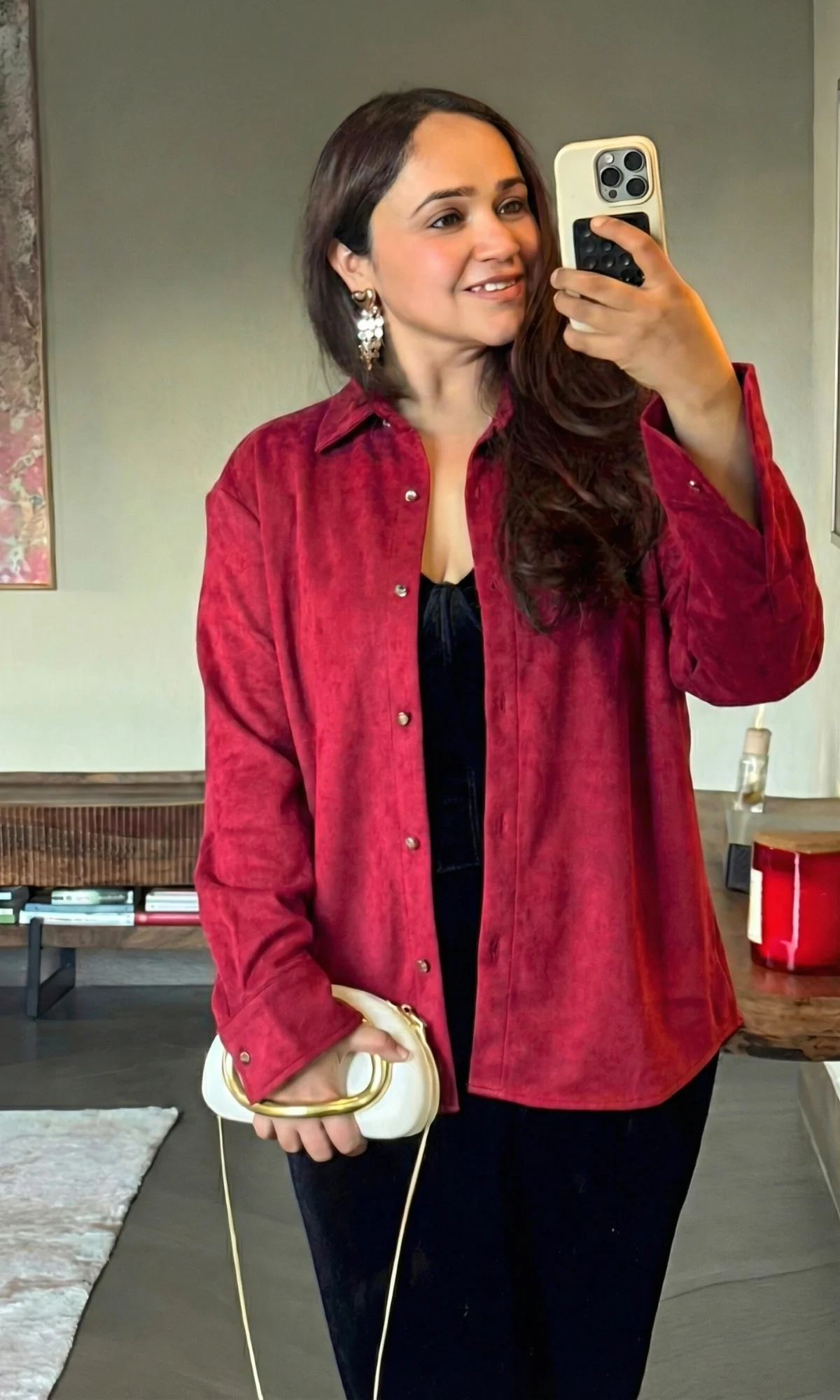 Red Suede Metallic Buttoned Shirt - Image 4