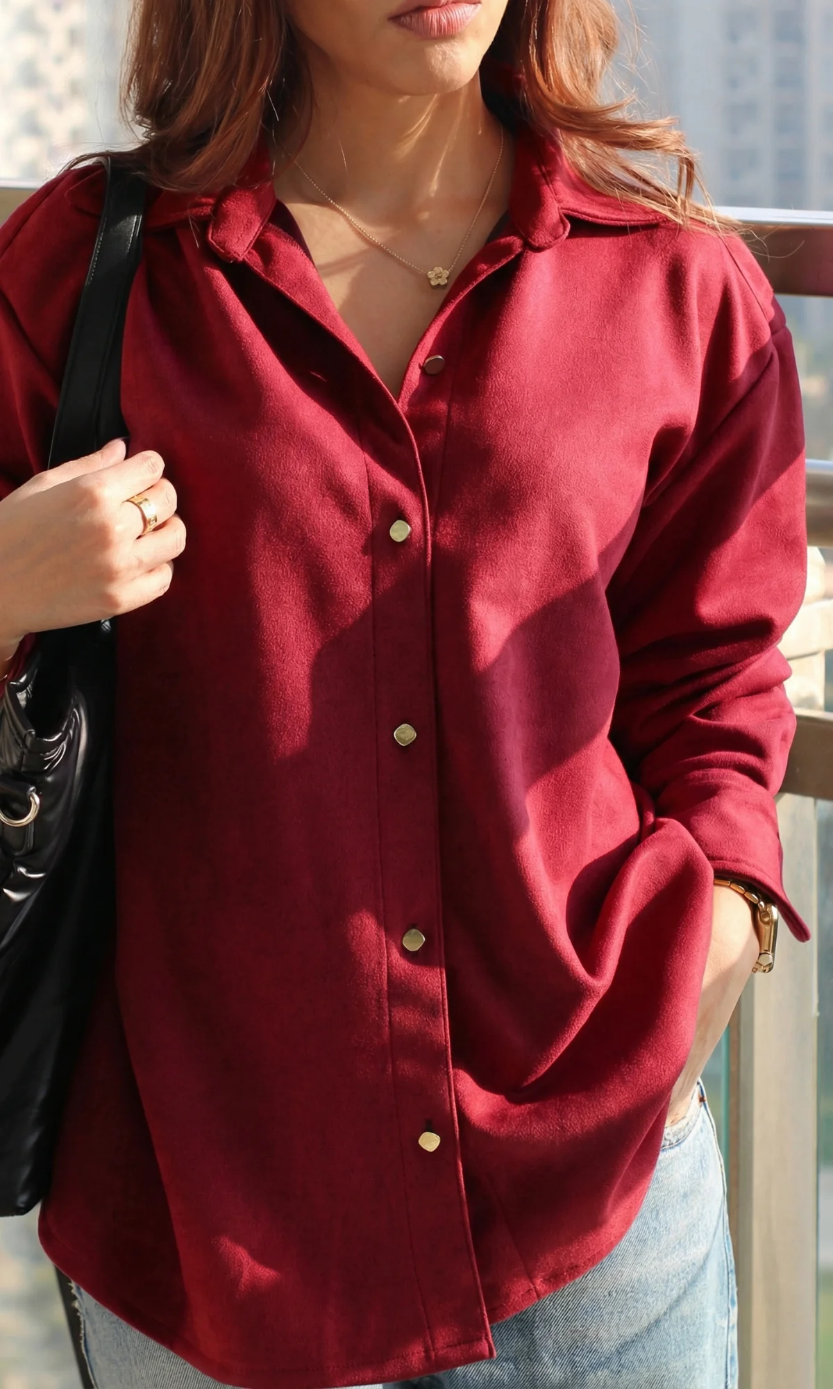 Red Suede Metallic Buttoned Shirt - Image 5