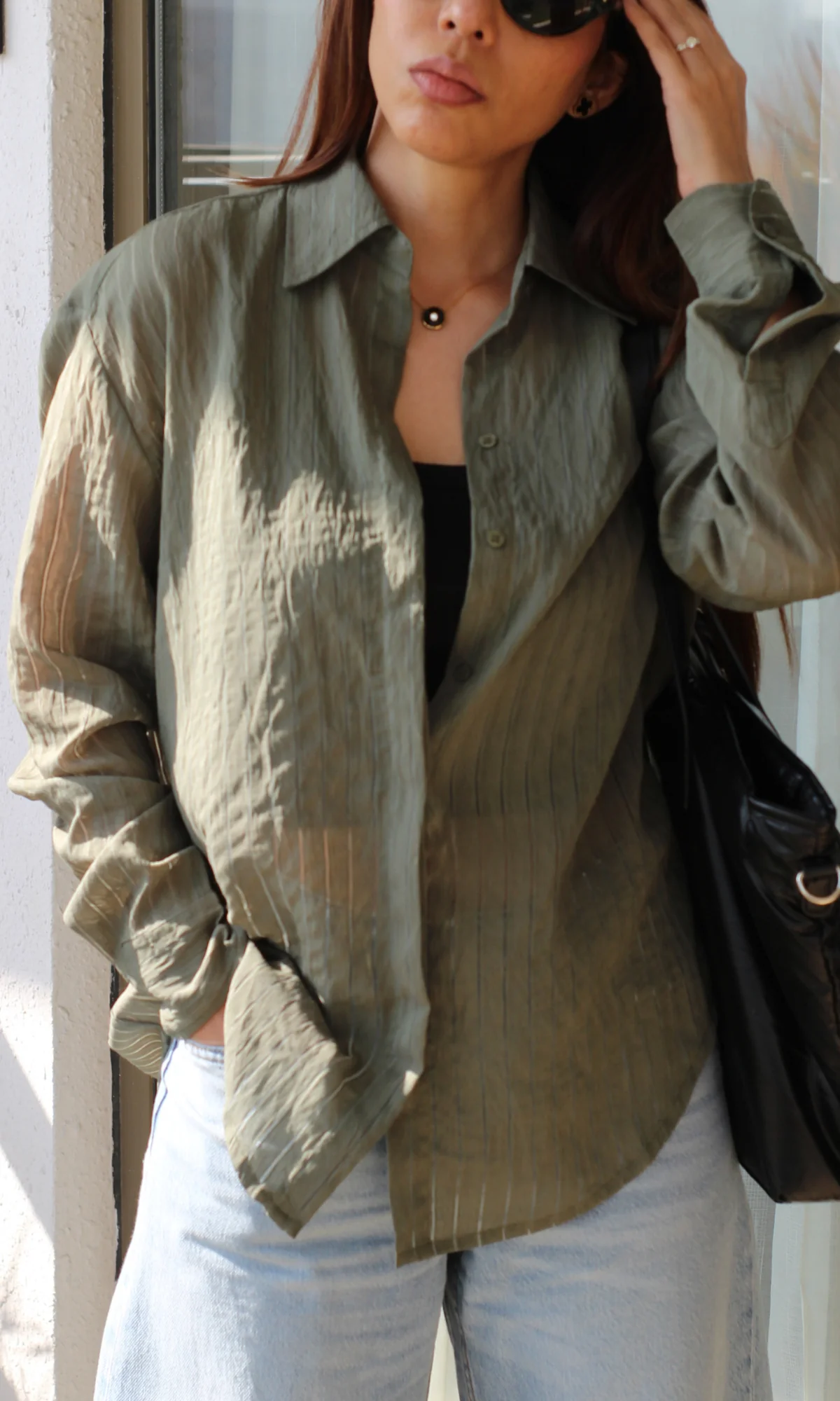 Sage Green Line Semi-Sheer Shirt - Image 5