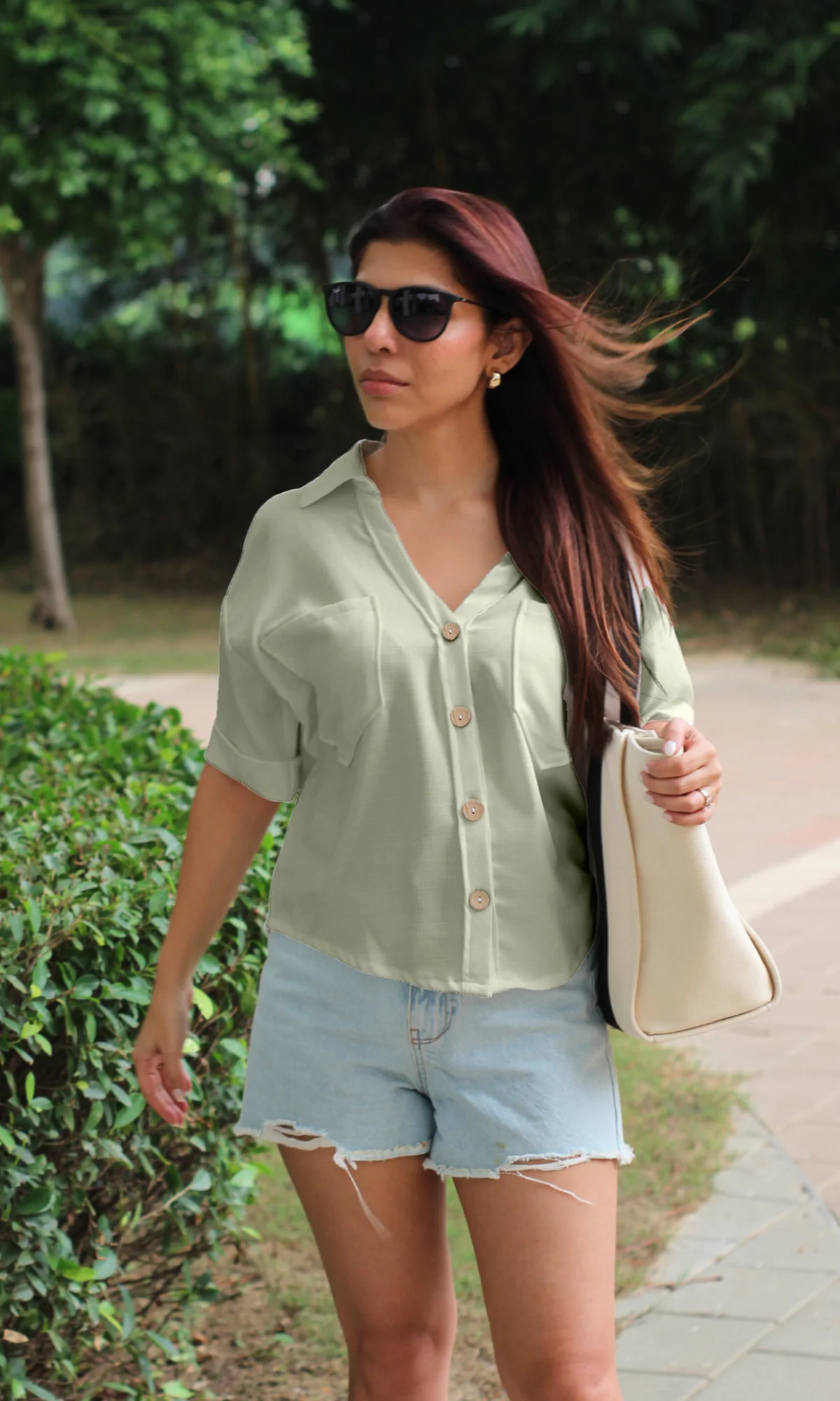 Sage Green Textured Cropped Shirt - Image 4
