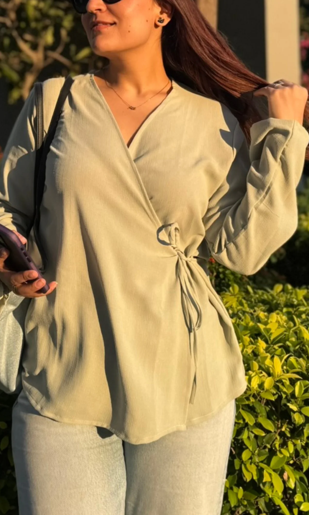 Sage Green Textured Tie Detail Kimono Top - Image 3